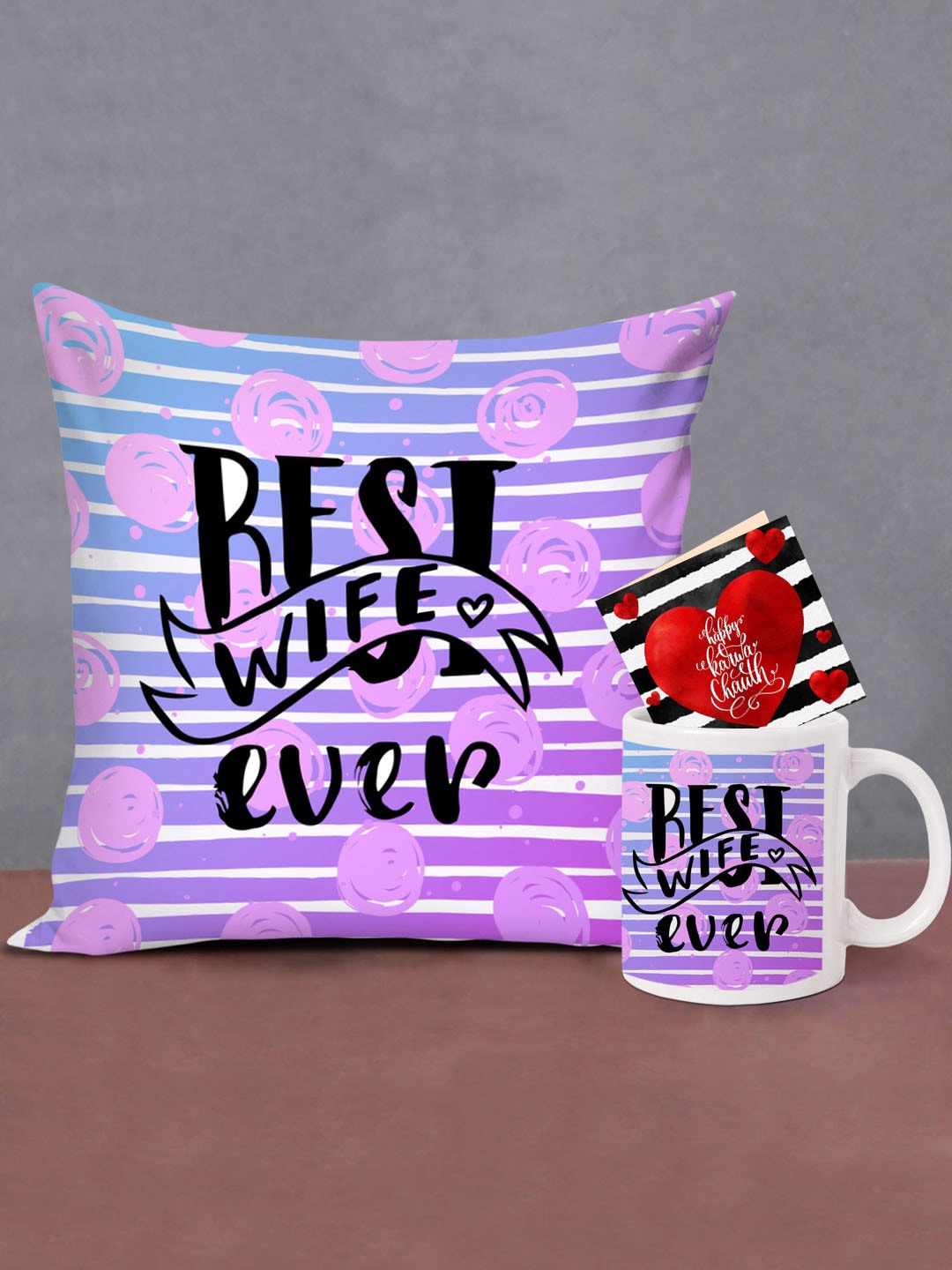 

TIED RIBBONS White & Red Printed Karwachauth Cushion with Coffee Mug & Card Gift Set, Multi