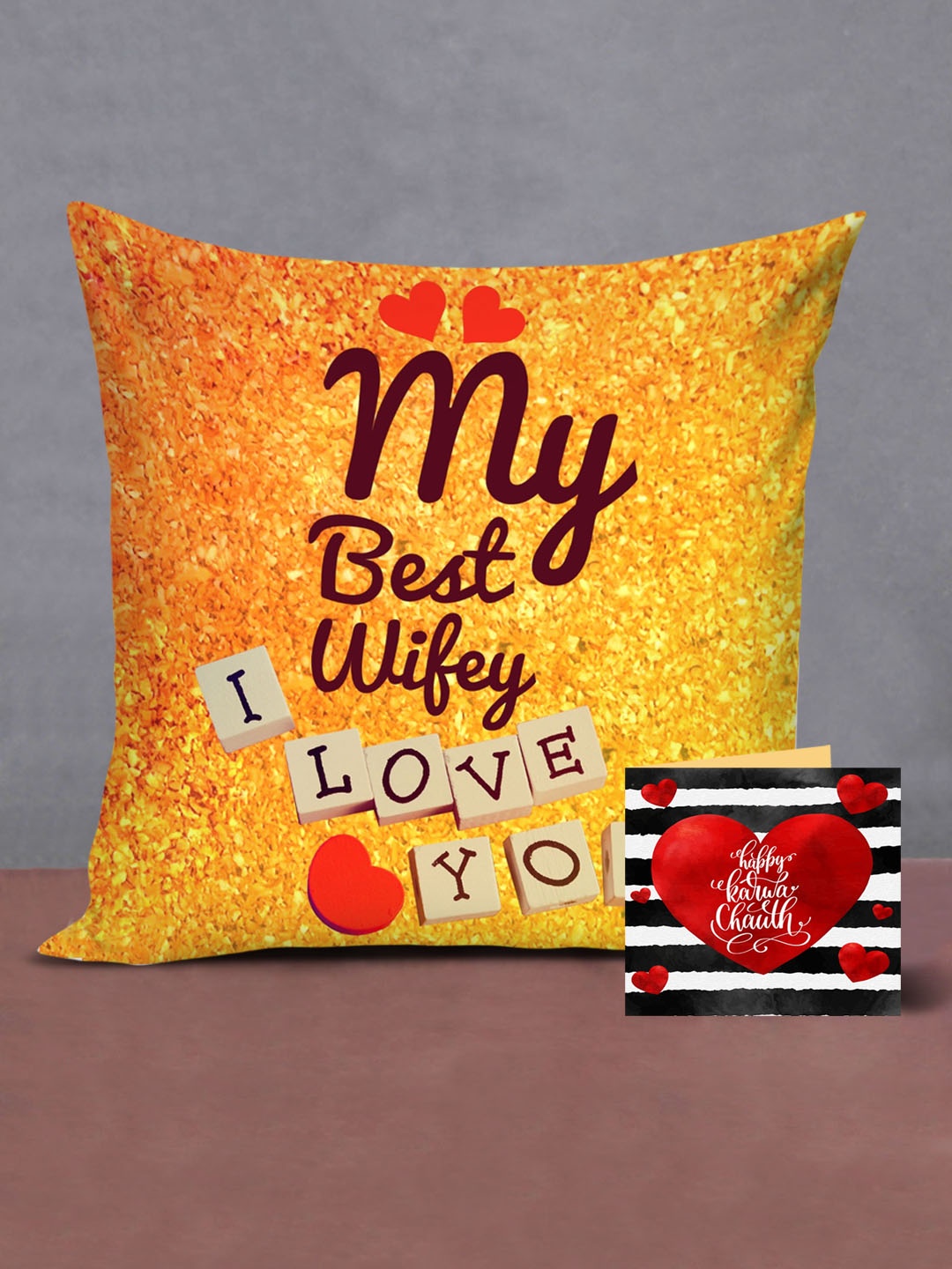 

TIED RIBBONS Black & Red Printed Cushion & Card Karwachauth Gift Set