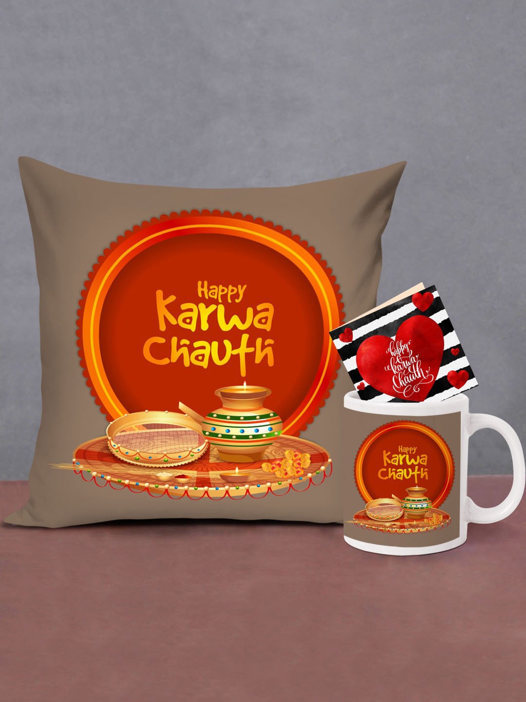 

TIED RIBBONS Grey & Red Printed Karwachauth Gift Set