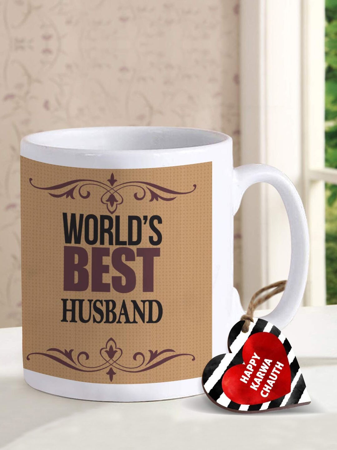 

TIED RIBBONS White & Beige Colored Printed Cup With Tag Gift Set