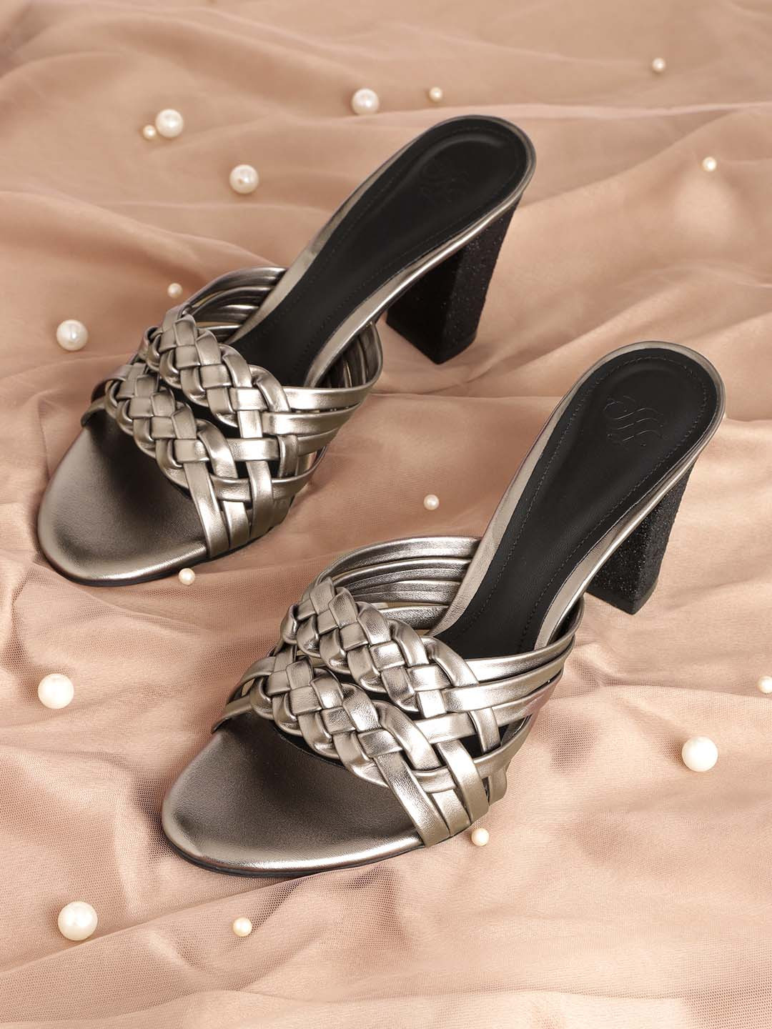 

House of Pataudi Women Gunmetal-Toned Woven Design Handcrafted Block Heel Sandals, Metallic