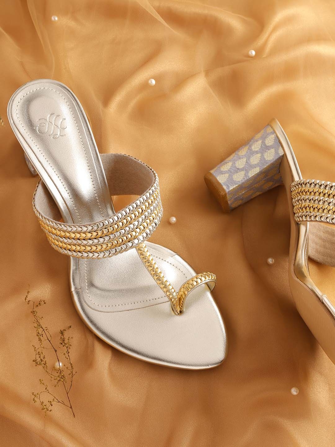 

House of Pataudi Women Gold-Toned & Silver-Toned Woven Design Handcrafted Block Heels