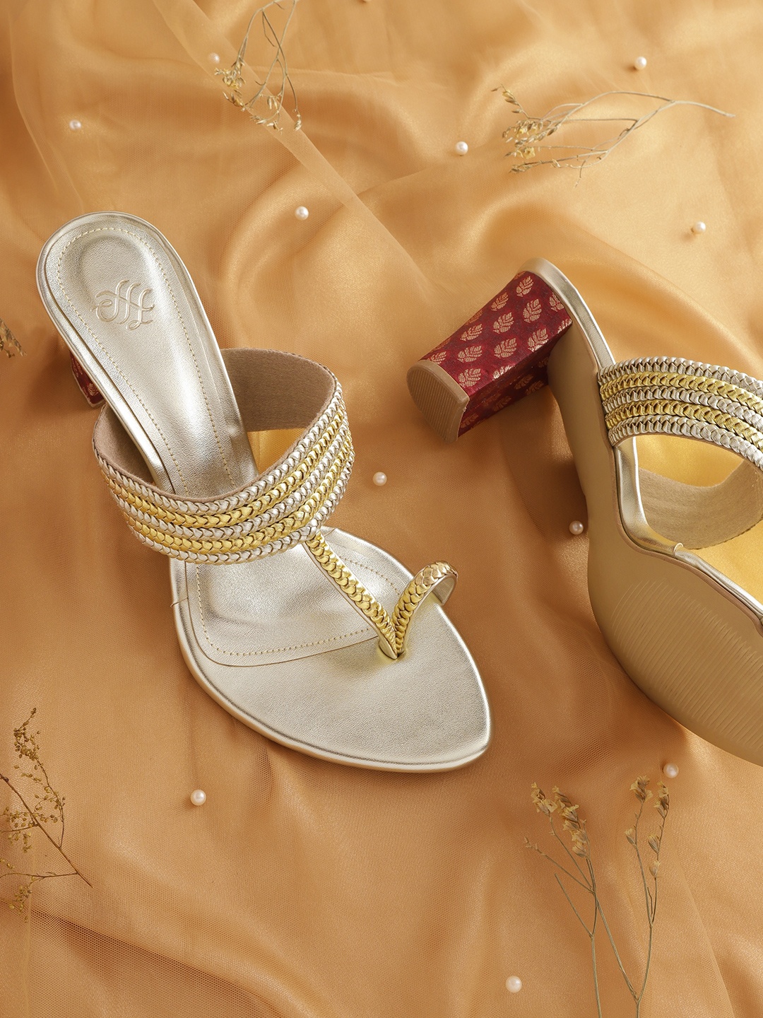

House of Pataudi Women Gold-Toned & Silver-Toned Woven Design Handcrafted Block Heels