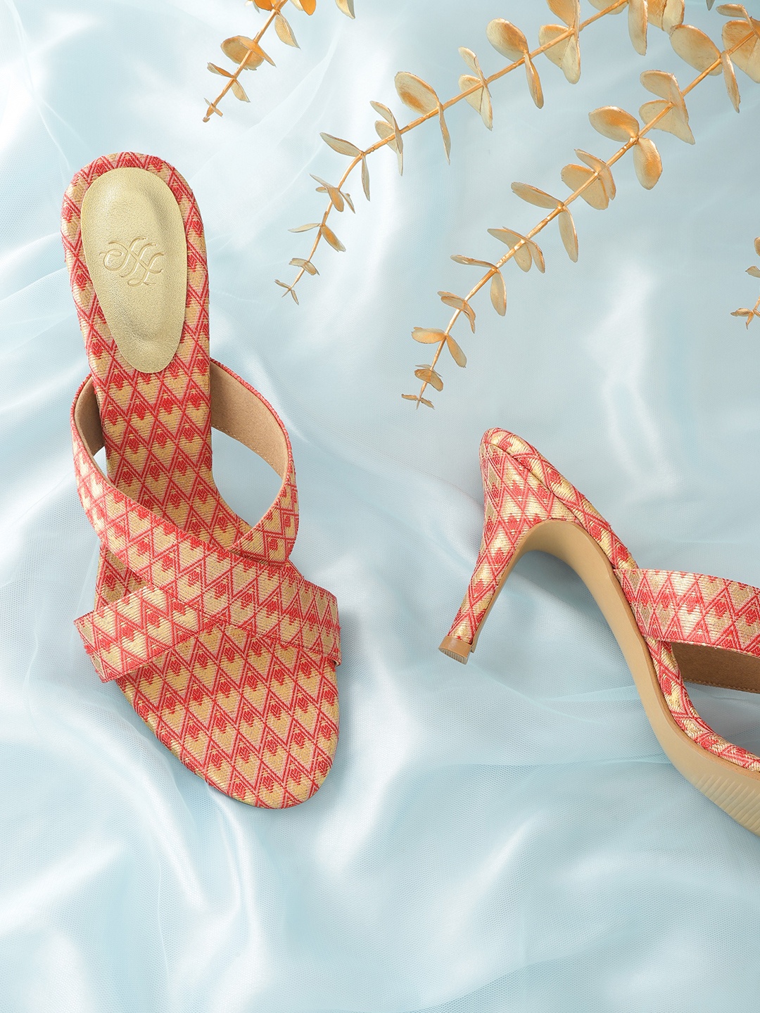 

House of Pataudi Women Red & Gold-Toned Handcrafted Printed Slim Heel Sandals