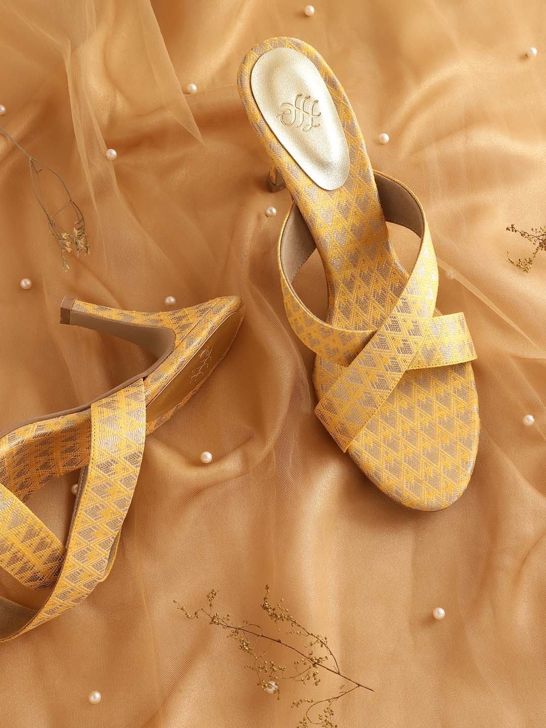 

House of Pataudi Women Yellow & Golden Printed Ethnic Slim Heel Sandals