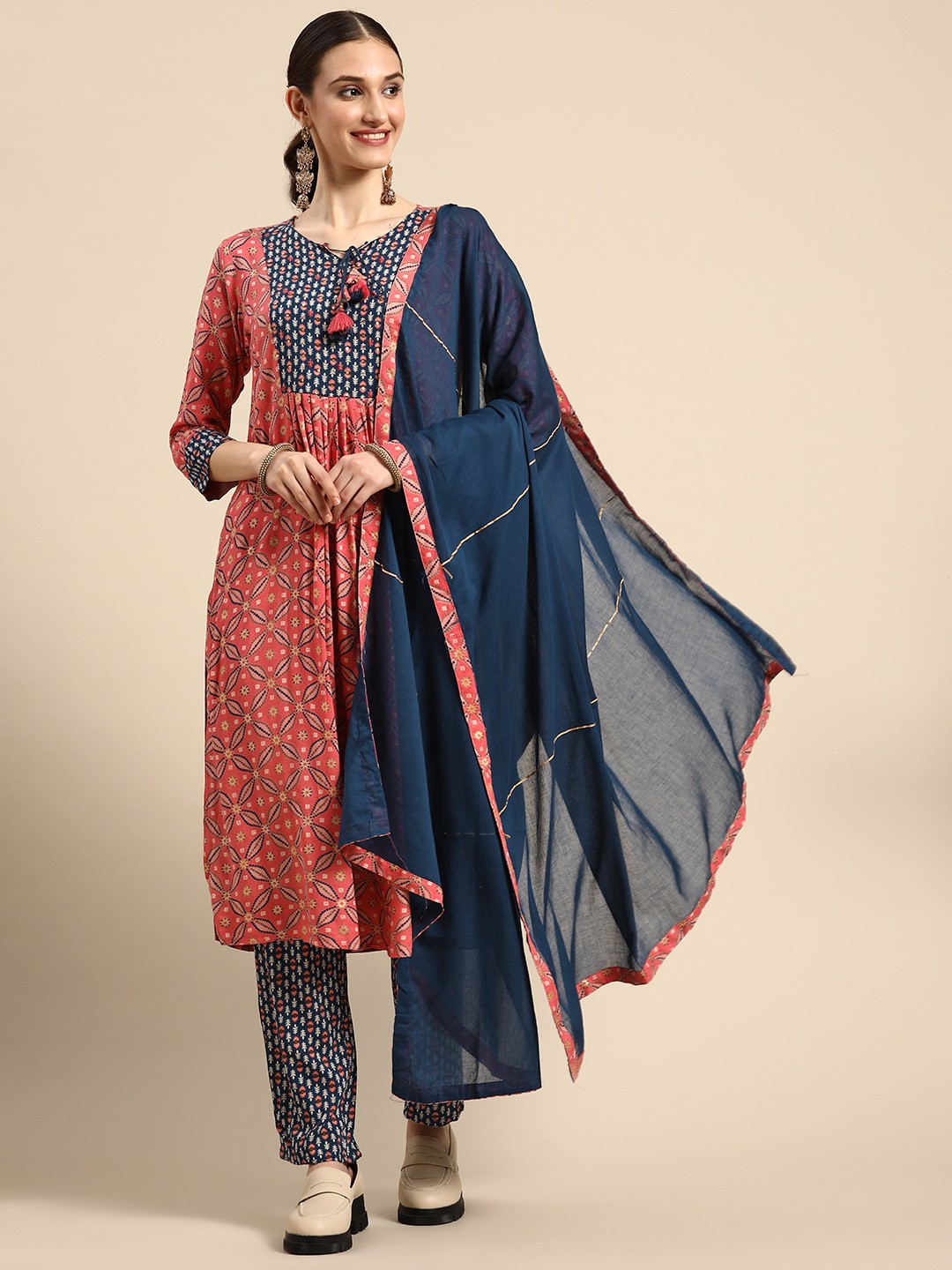 

Sangria Women Printed Pleated Beads and Stones Kurta With Trousers & Dupatta, Pink