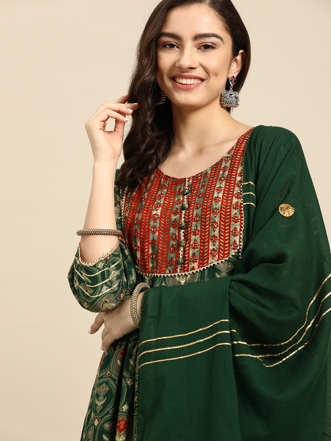 

Sangria Women Green Ethnic Motifs Printed Kurta with Trousers & With Dupatta