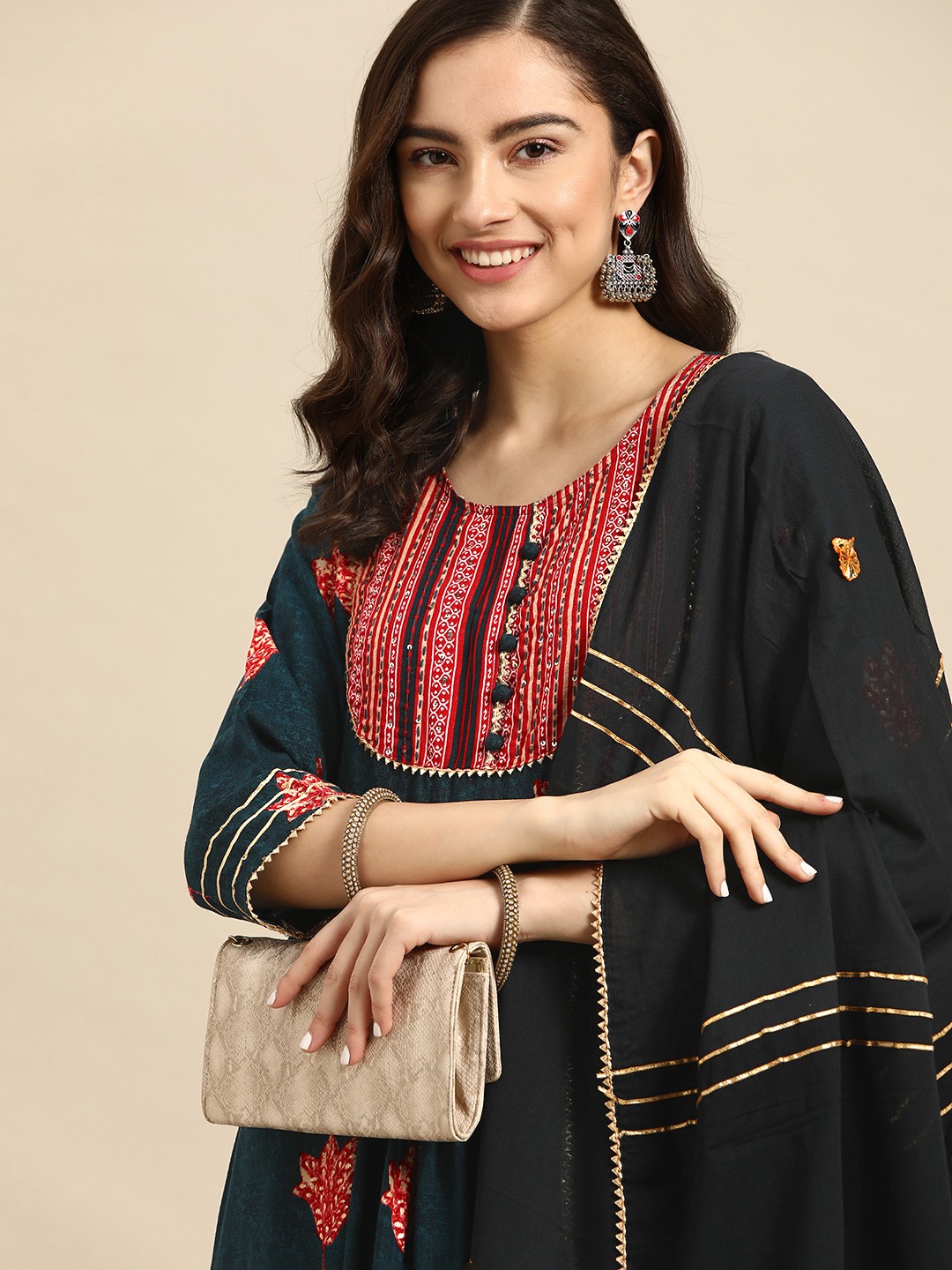 

Sangria Women Teal Yoke Design Pleated Gotta Patti Kurta with Trousers & With Dupatta