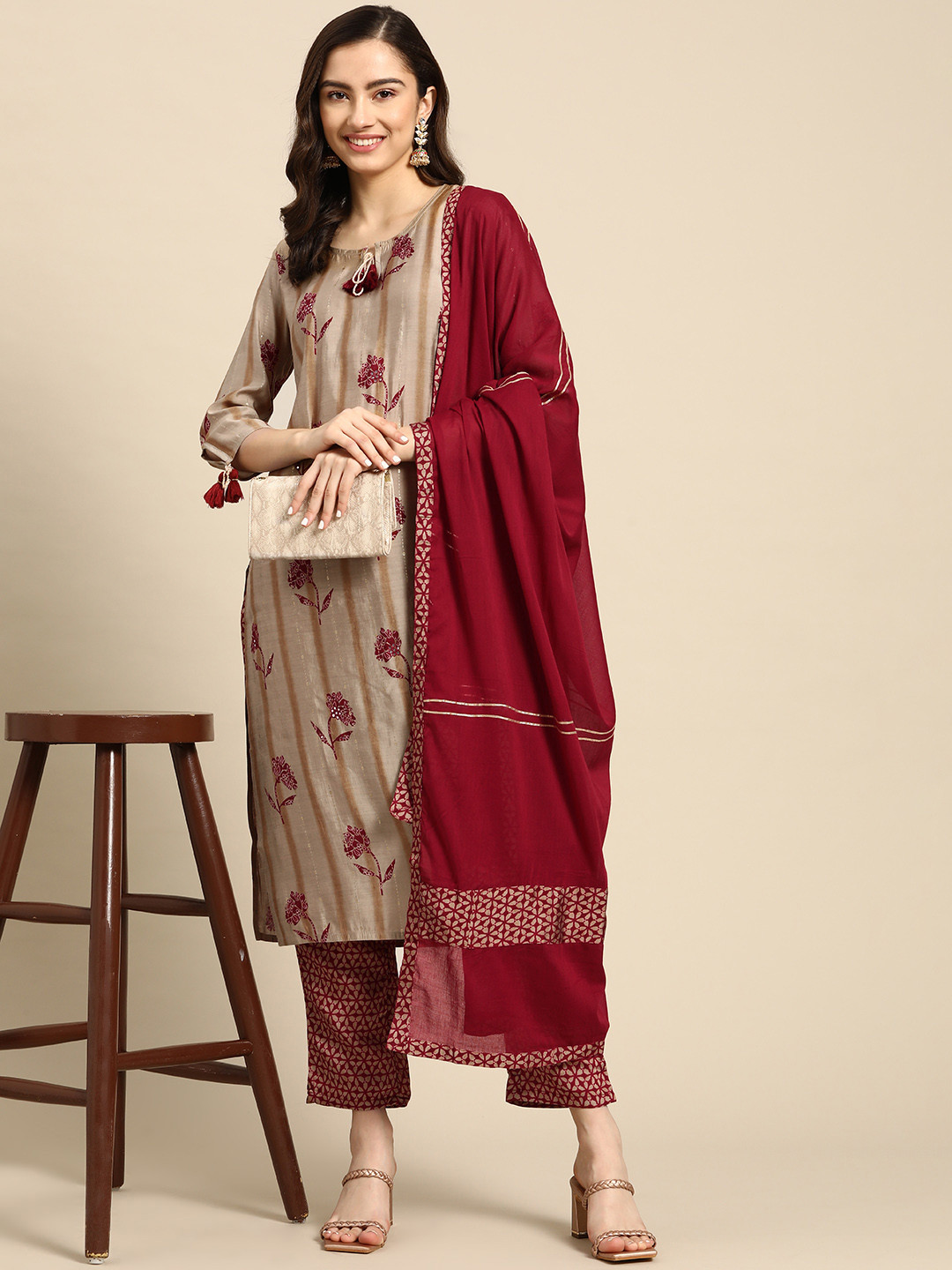 

Sangria Women Floral Printed Gotta Patti Chanderi Silk Kurta with Trousers & With Dupatta, Beige