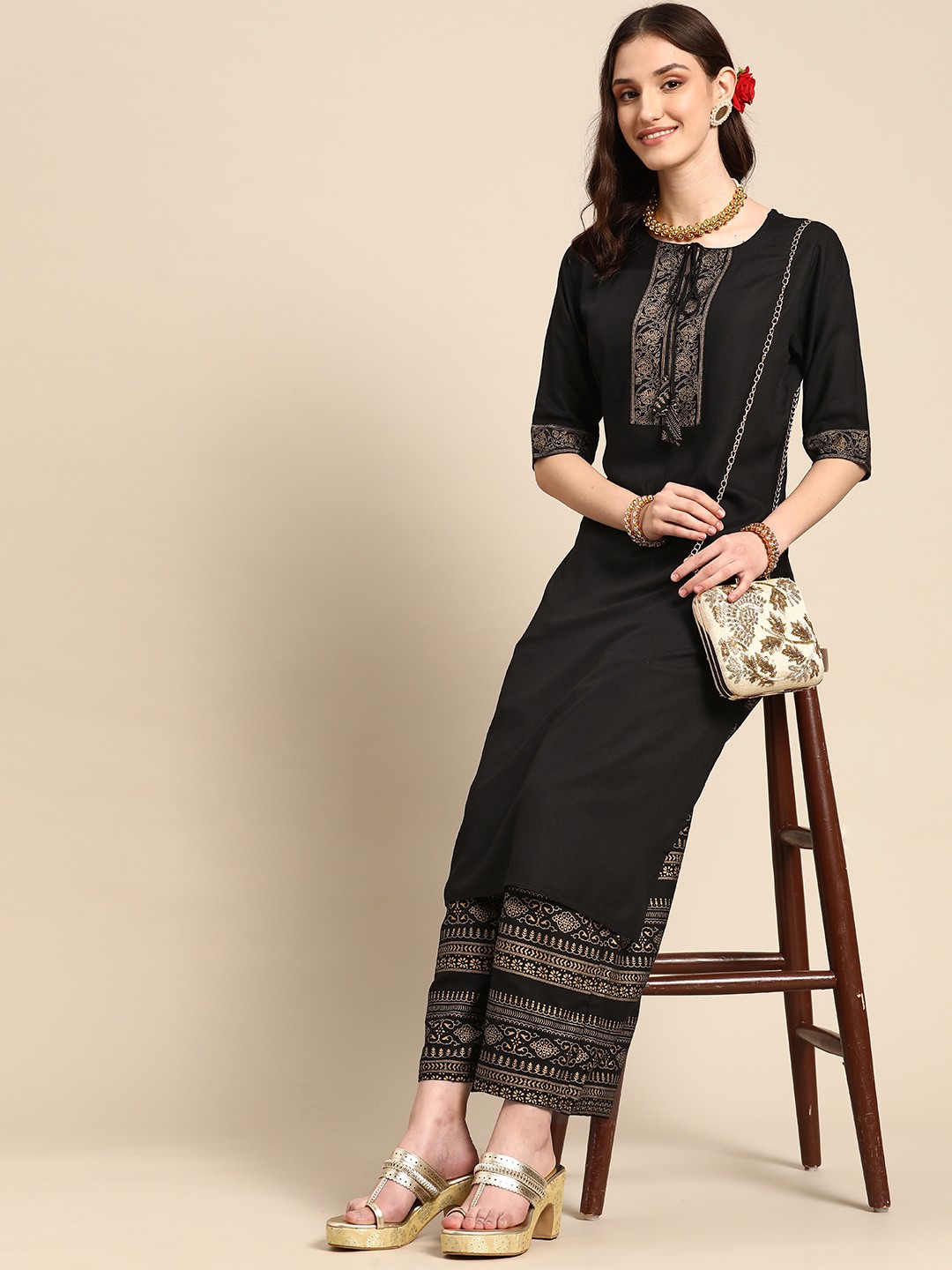 

Sangria Women Black Gold Printed Straight Kurta with Palazzos Set