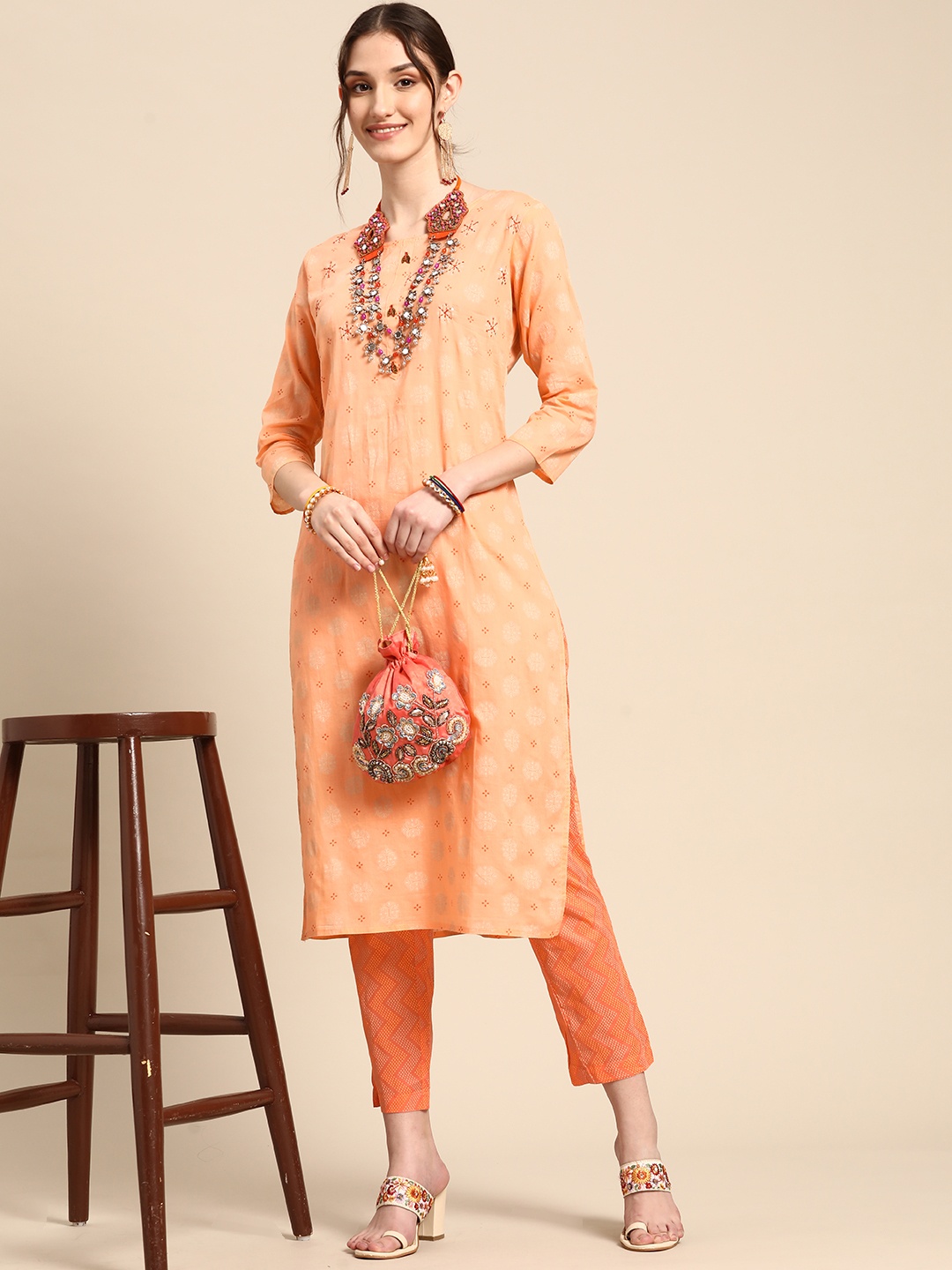 

Sangria Women Orange Ethnic Motifs Printed Pure Cotton Kurta with Trousers