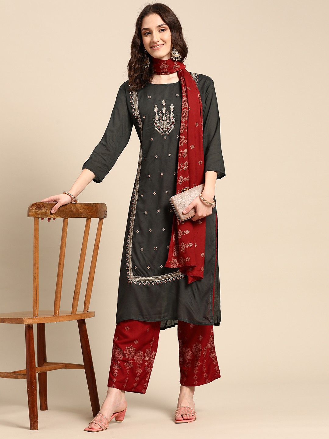 

Sangria Women Ethnic Motifs Embroidered Thread Work Kurta with Palazzos & With Dupatta, Coffee brown