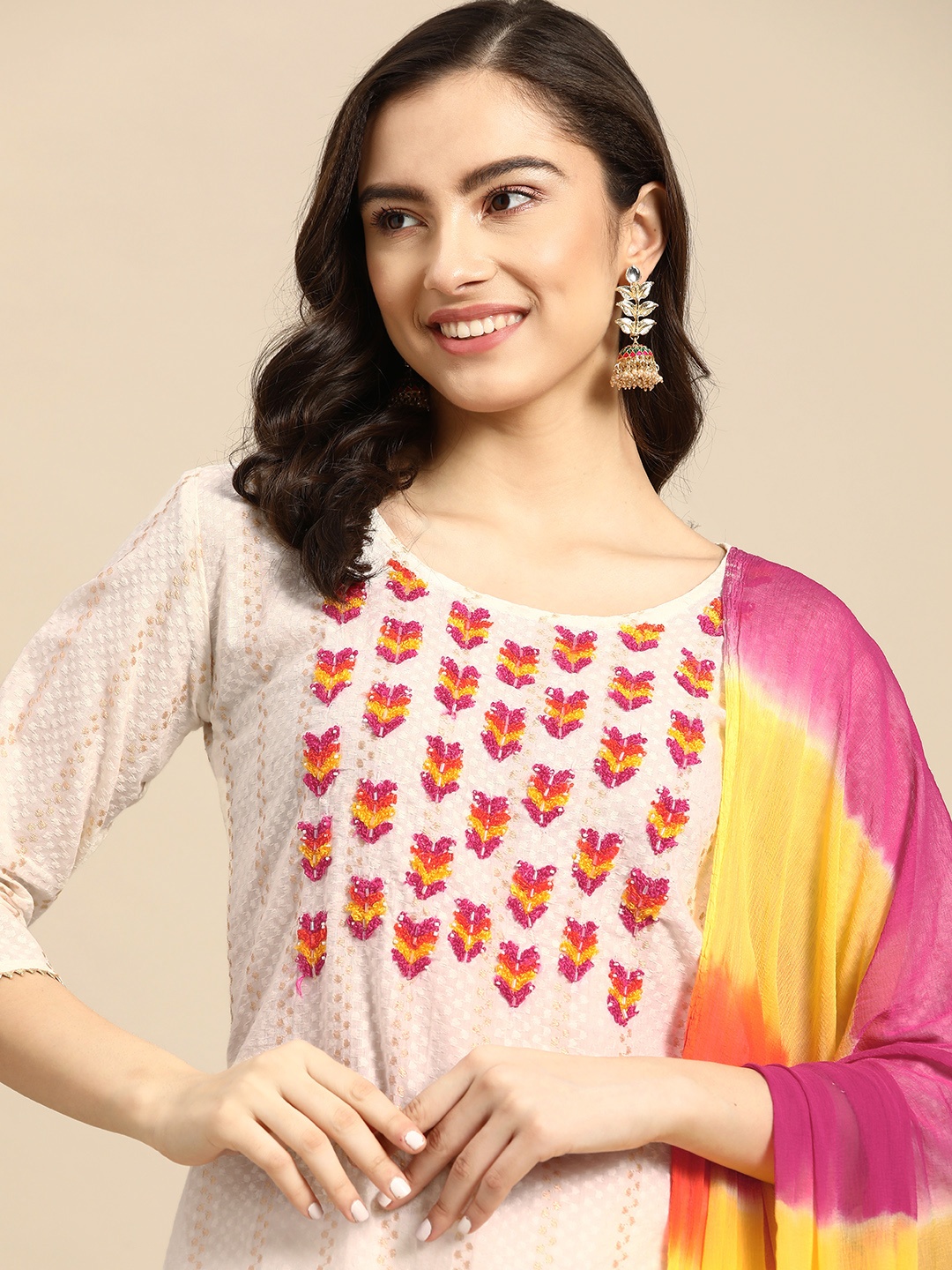 

Sangria Women Ethnic Motifs Embroidered Thread Work Kurta with Palazzos & With Dupatta, White