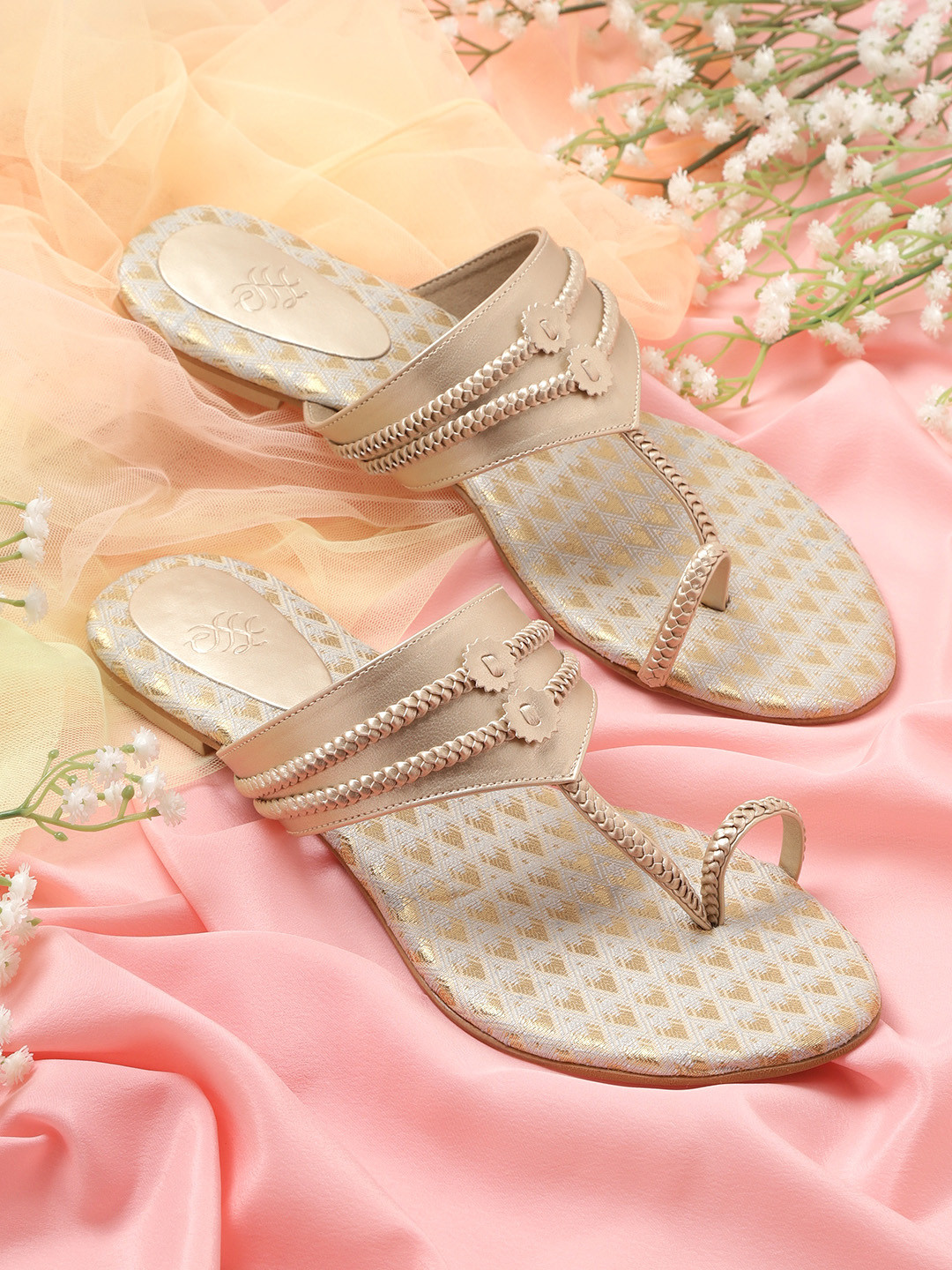 

House of Pataudi Women Golden Woven Design Ethnic One Toe Flats, Gold