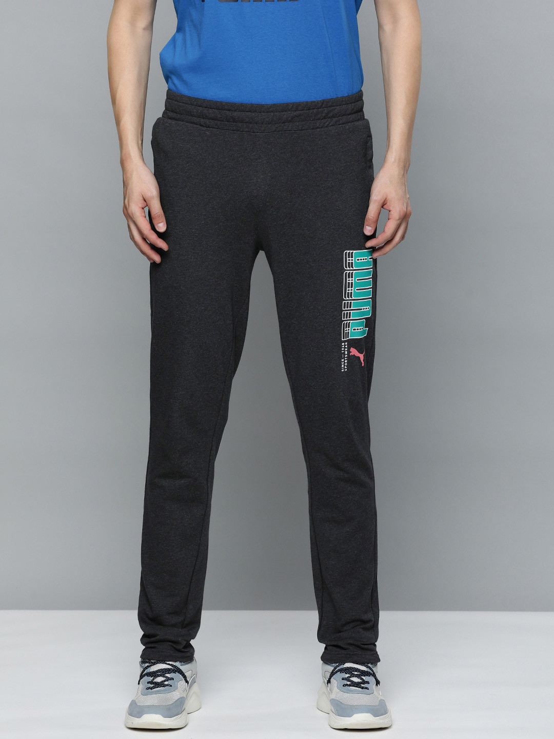 

Puma Men Charcoal Grey Brand Logo Graphic 1948 Print Slim Fit Mid-Rise Track Pants