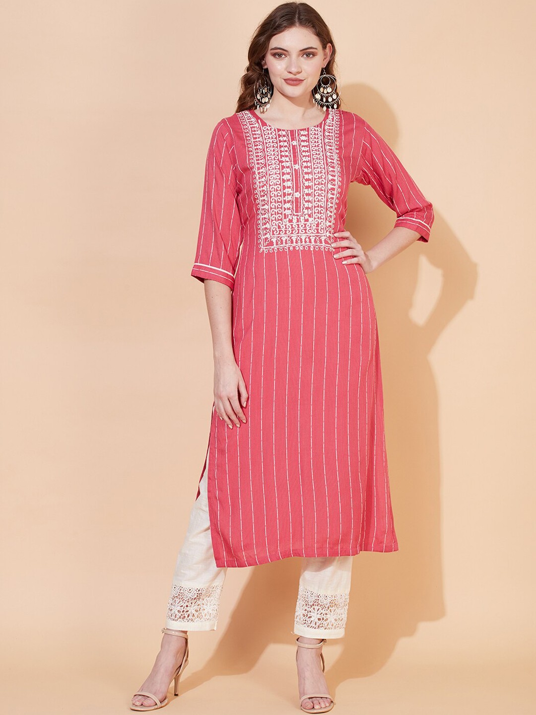 

FASHOR Women Pink & White Yoke Design Thread Work Straight Kurta