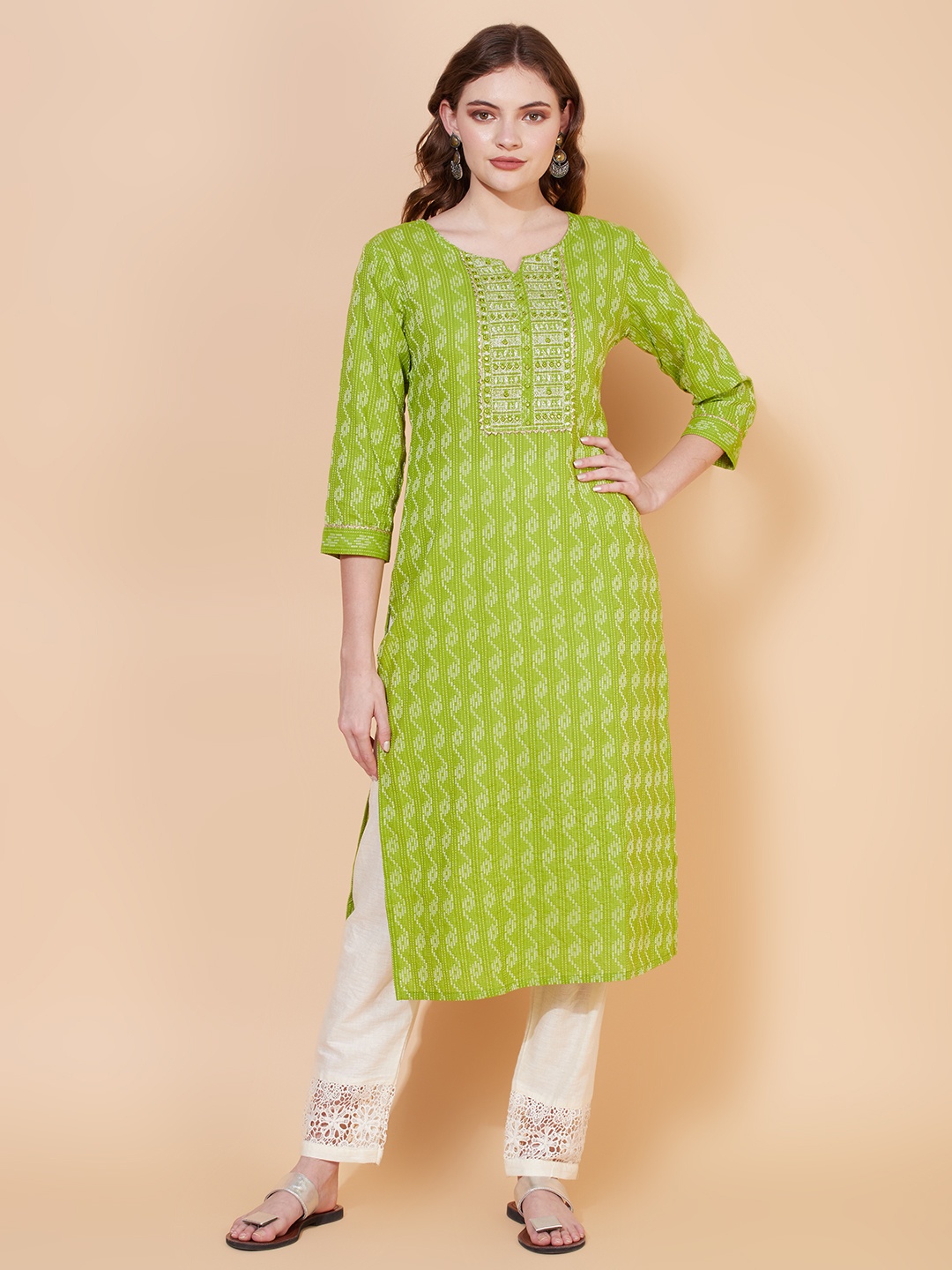 

FASHOR Women Green Ethnic Motifs Printed Embroidered Yoke Cotton Straight Kurta