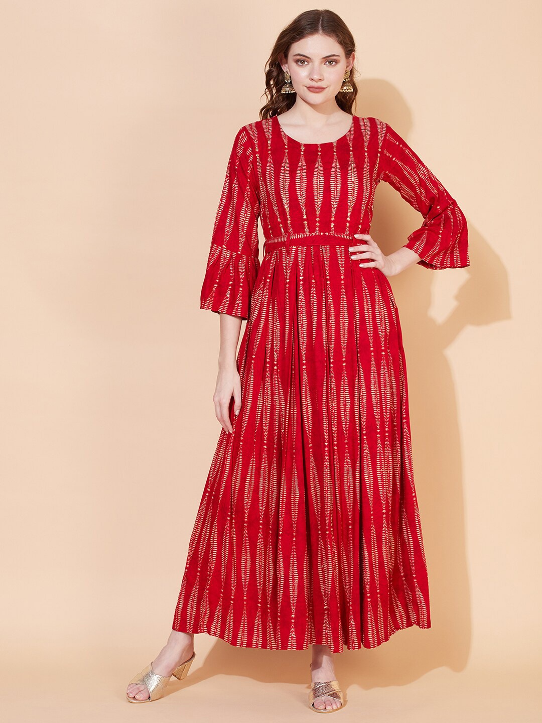 

FASHOR Red Ethnic Motifs Ethnic Printed A-Line Maxi Dress