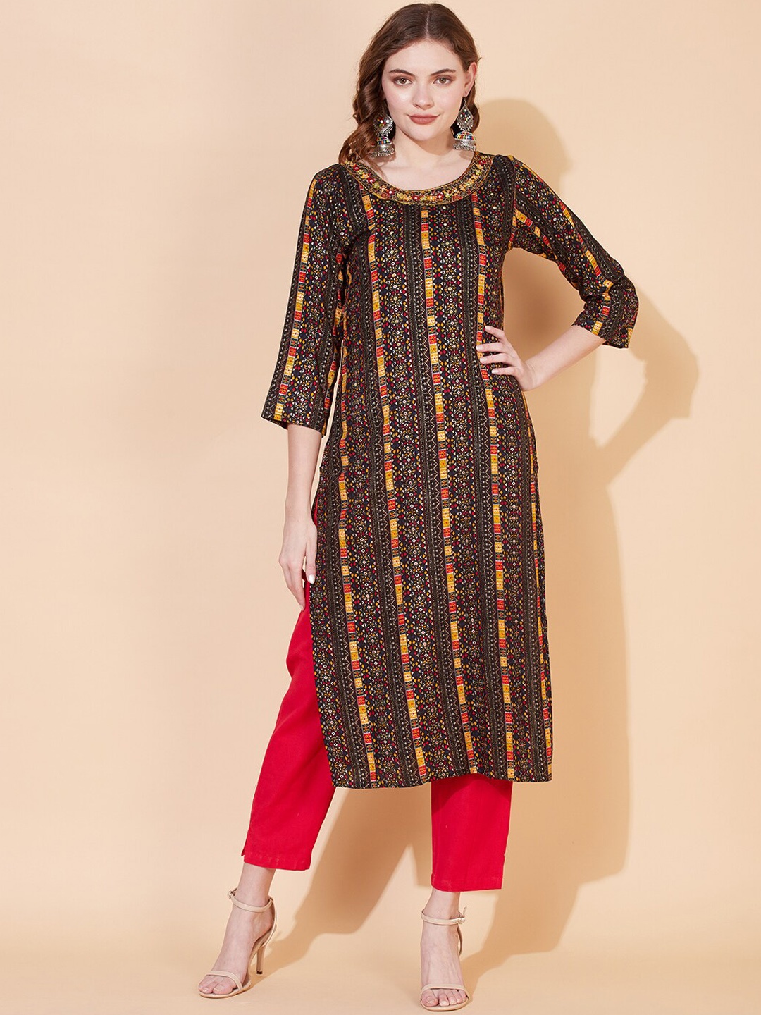 

FASHOR Women Brown & Yellow Printed Straight Kurta