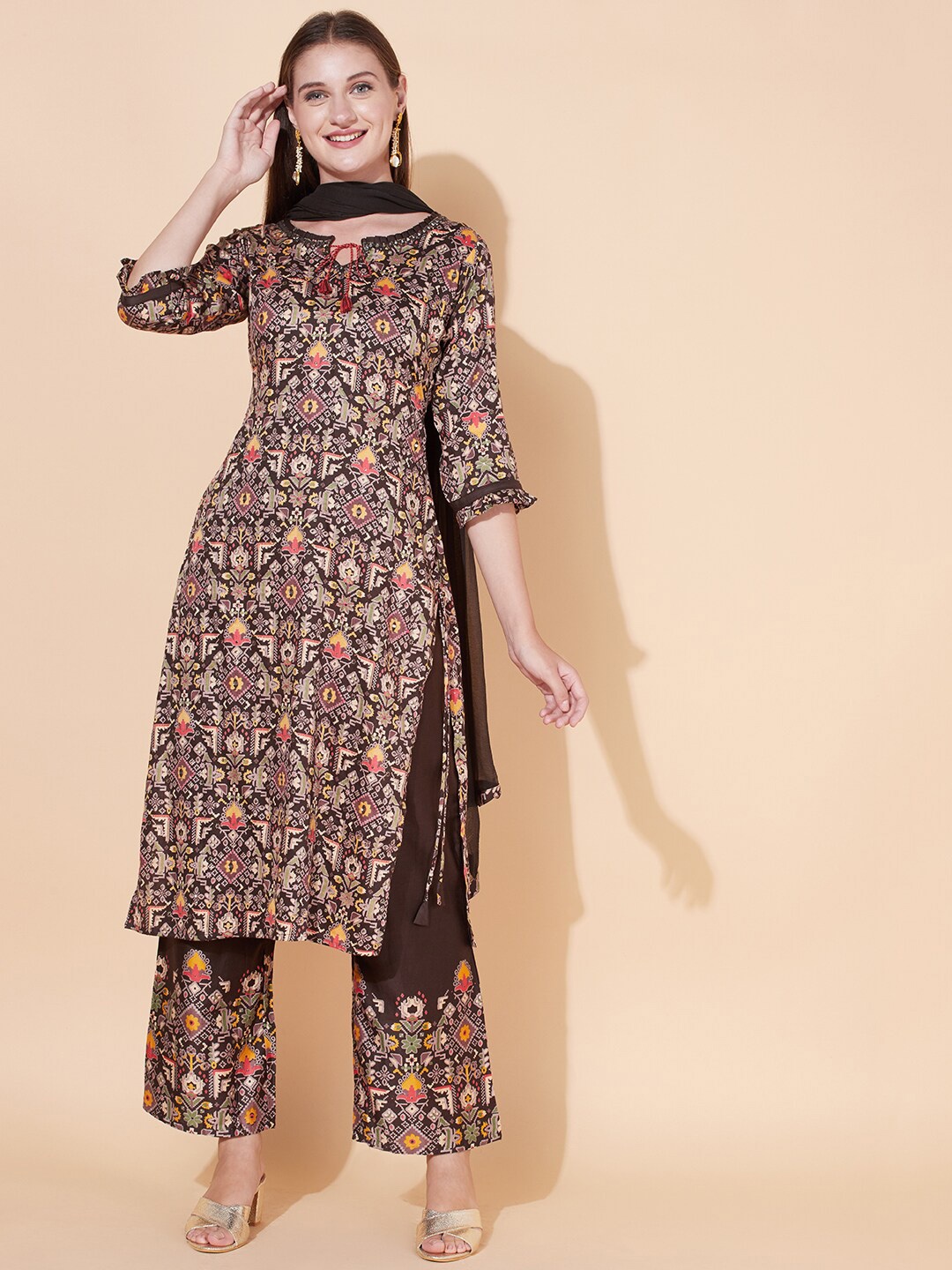

FASHOR Women Printed Pure Cotton Kurta with Palazzos & With Dupatta, Brown