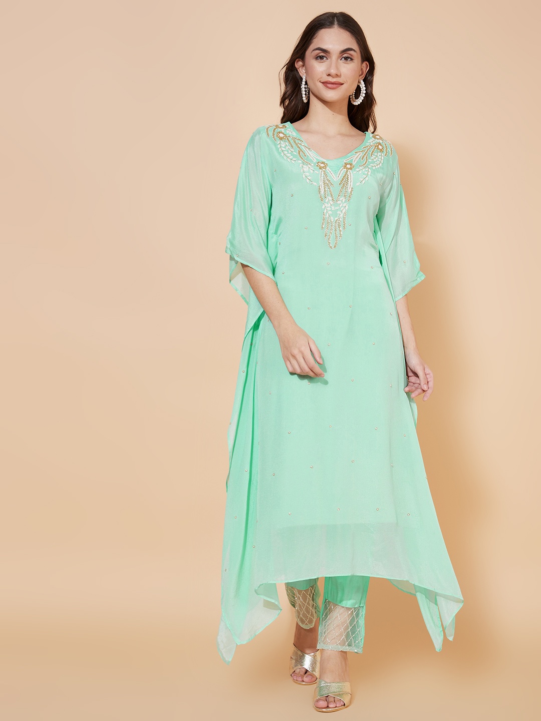 

FASHOR Women Sea Green Ethnic Motifs Embroidered Beads and Stones Silk Chiffon Kurta with Trousers