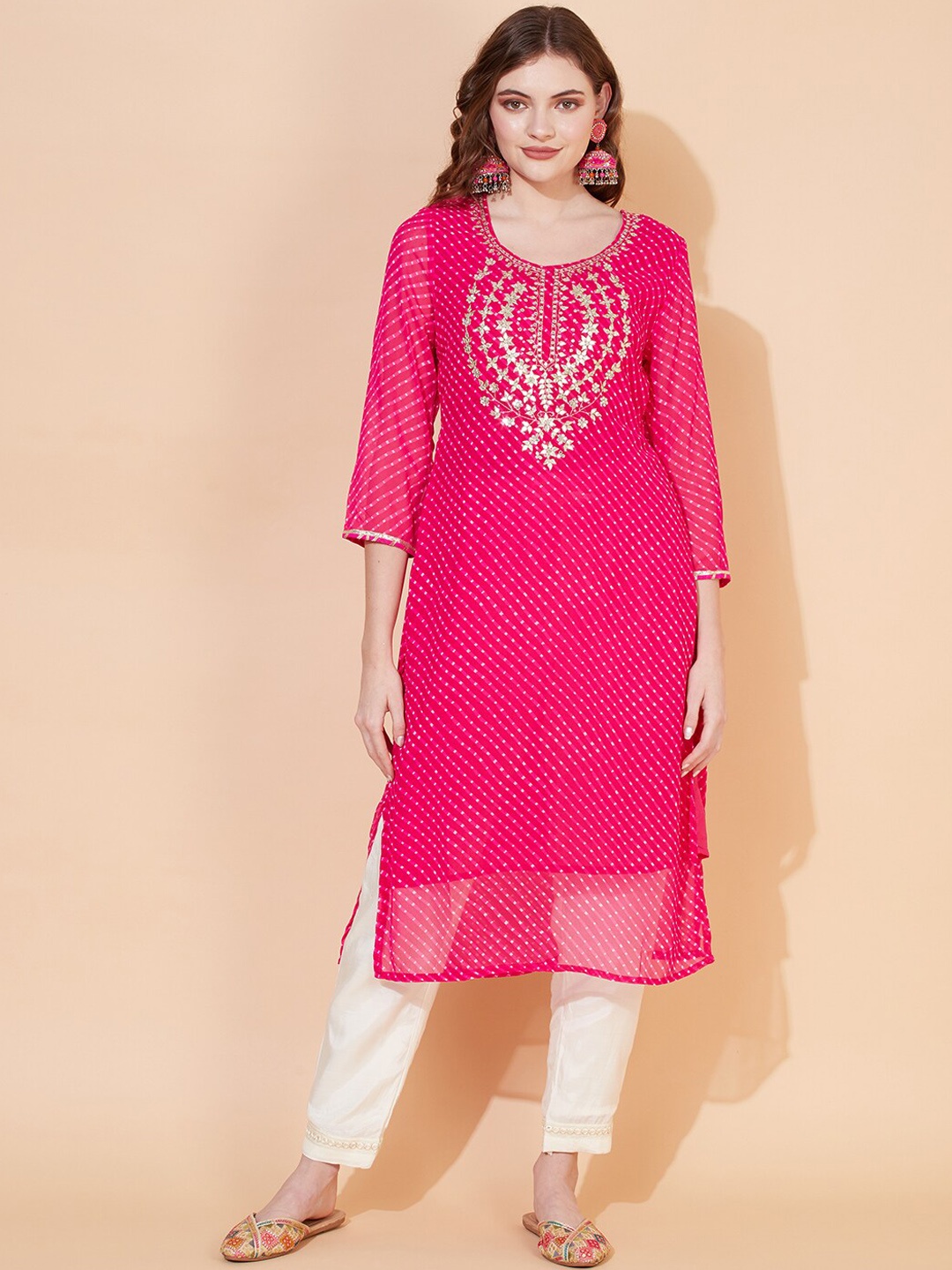 

FASHOR Women Pink & White Leheriya Printed Yoke Design Georgette Kurta