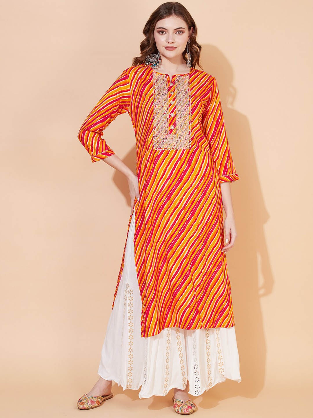 

FASHOR Women Yellow & Red Leheriya Printed Yoke Design Thread Work Kurta