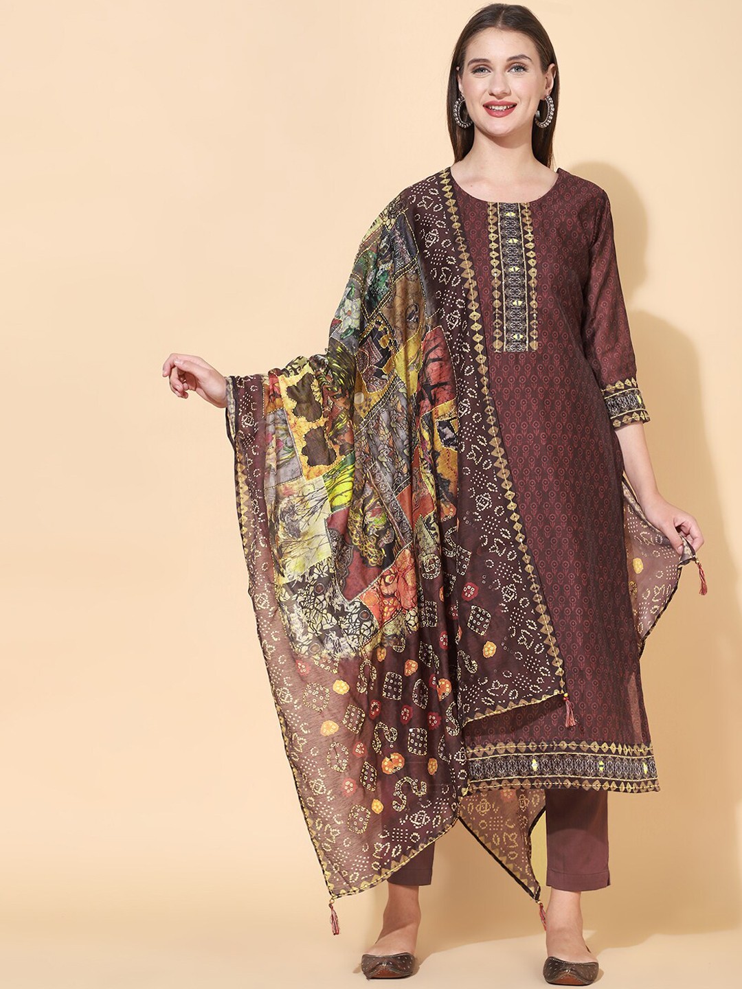 

FASHOR Women Ethnic Motifs Printed Kantha Work Chanderi Silk Kurta with Trousers & Dupatta, Burgundy