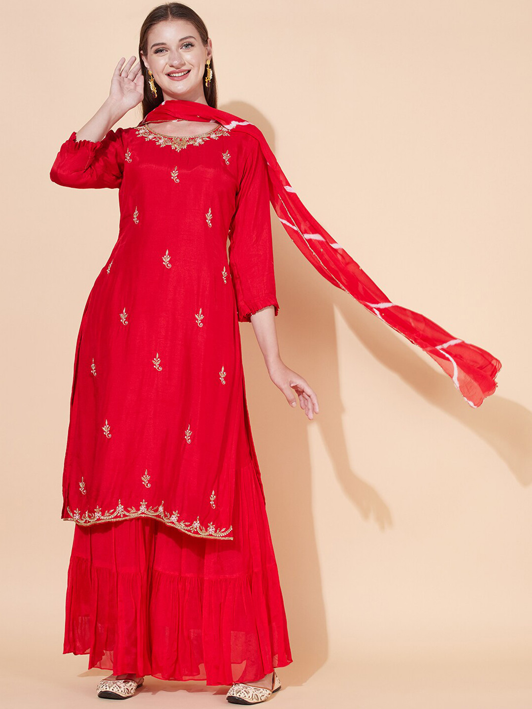 

FASHOR Women Ethnic Motifs Embroidered Kurta with Sharara & Dupatta Set, Red