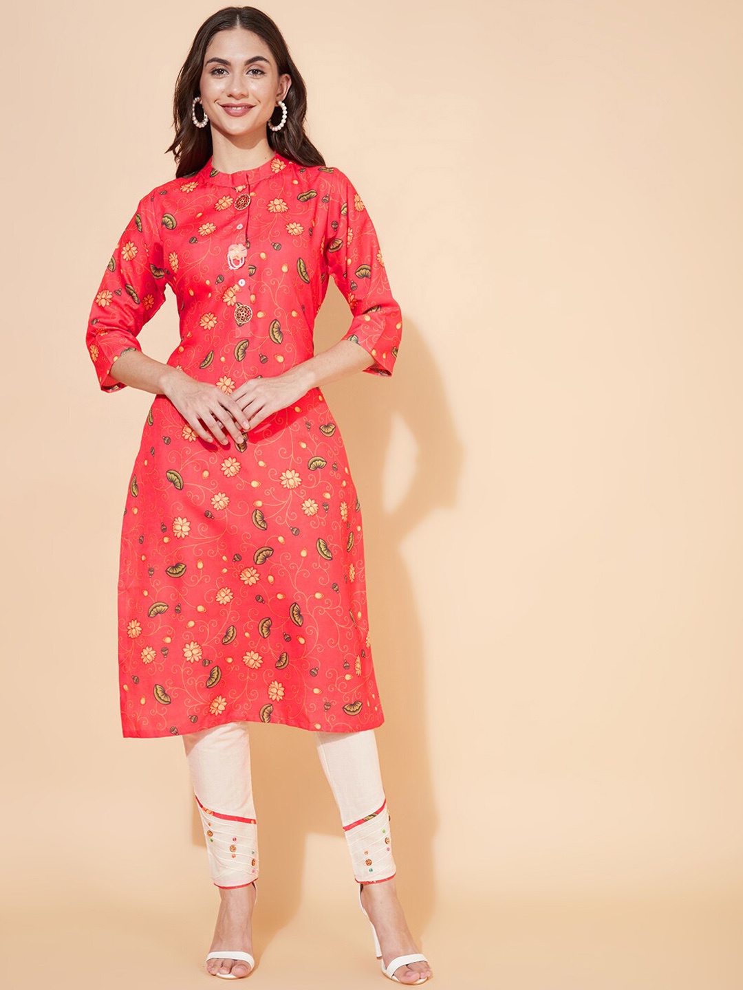 

FASHOR Women Floral Printed Pure Cotton Kurta with Trousers, Orange