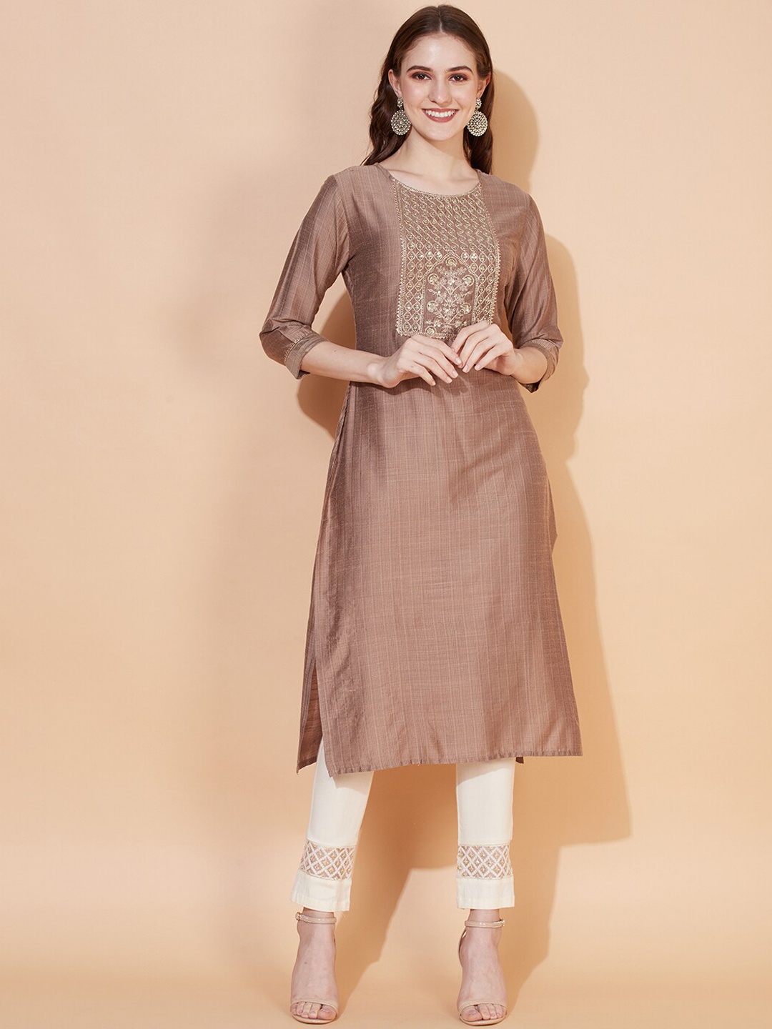 

FASHOR Women Brown & Gold-Toned Yoke Design Embroidered Chanderi Silk Kurta