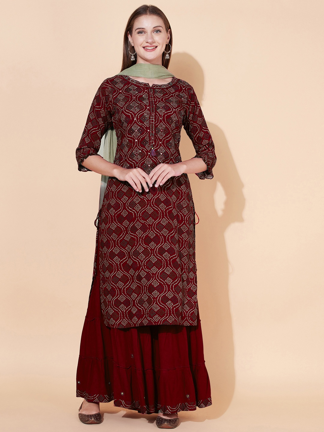 

FASHOR Women Red Ethnic Motifs Printed Kurta with Sharara & With Dupatta