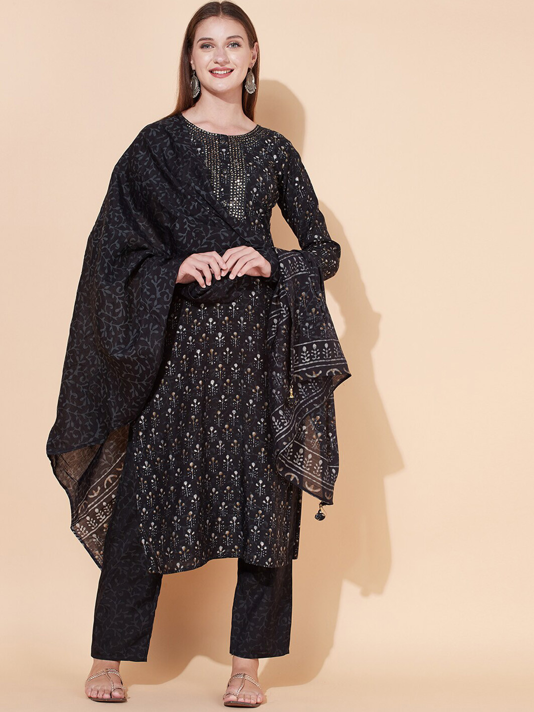

FASHOR Women Black Ethnic Motifs Printed Mirror Work Kurta with Trousers & With Dupatta