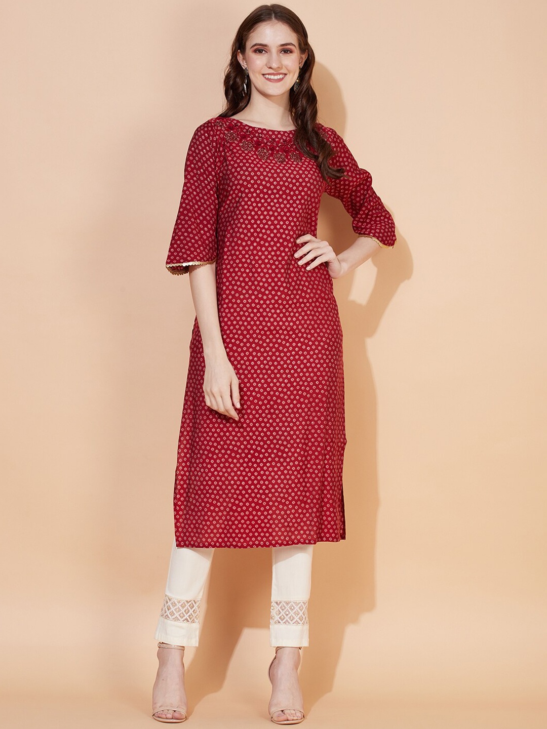 

FASHOR Women Red Geometric Printed Thread Work Kurta