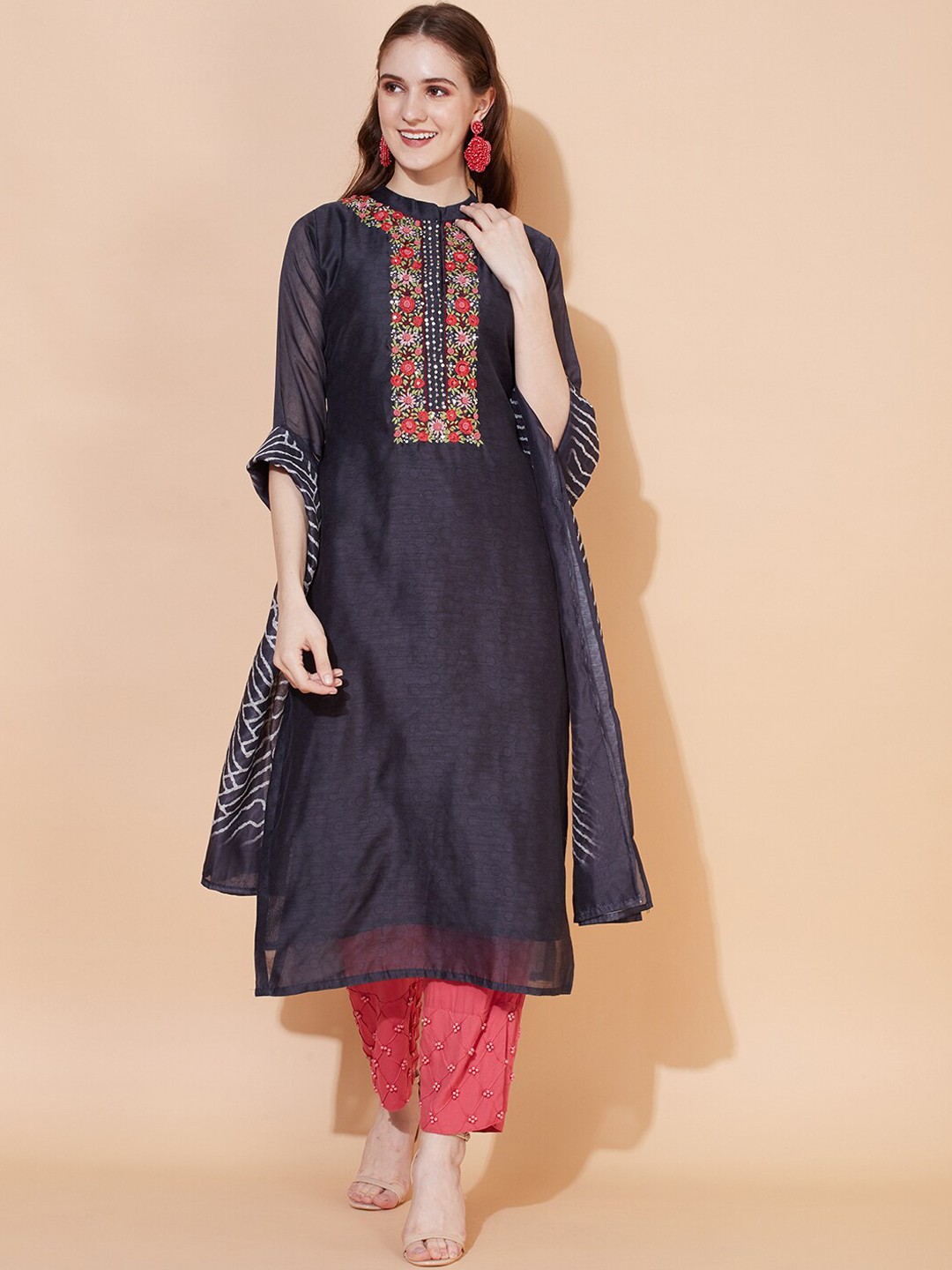 

FASHOR Women Blue & White Floral Yoke Design Chanderi Silk Kurta with Dupatta