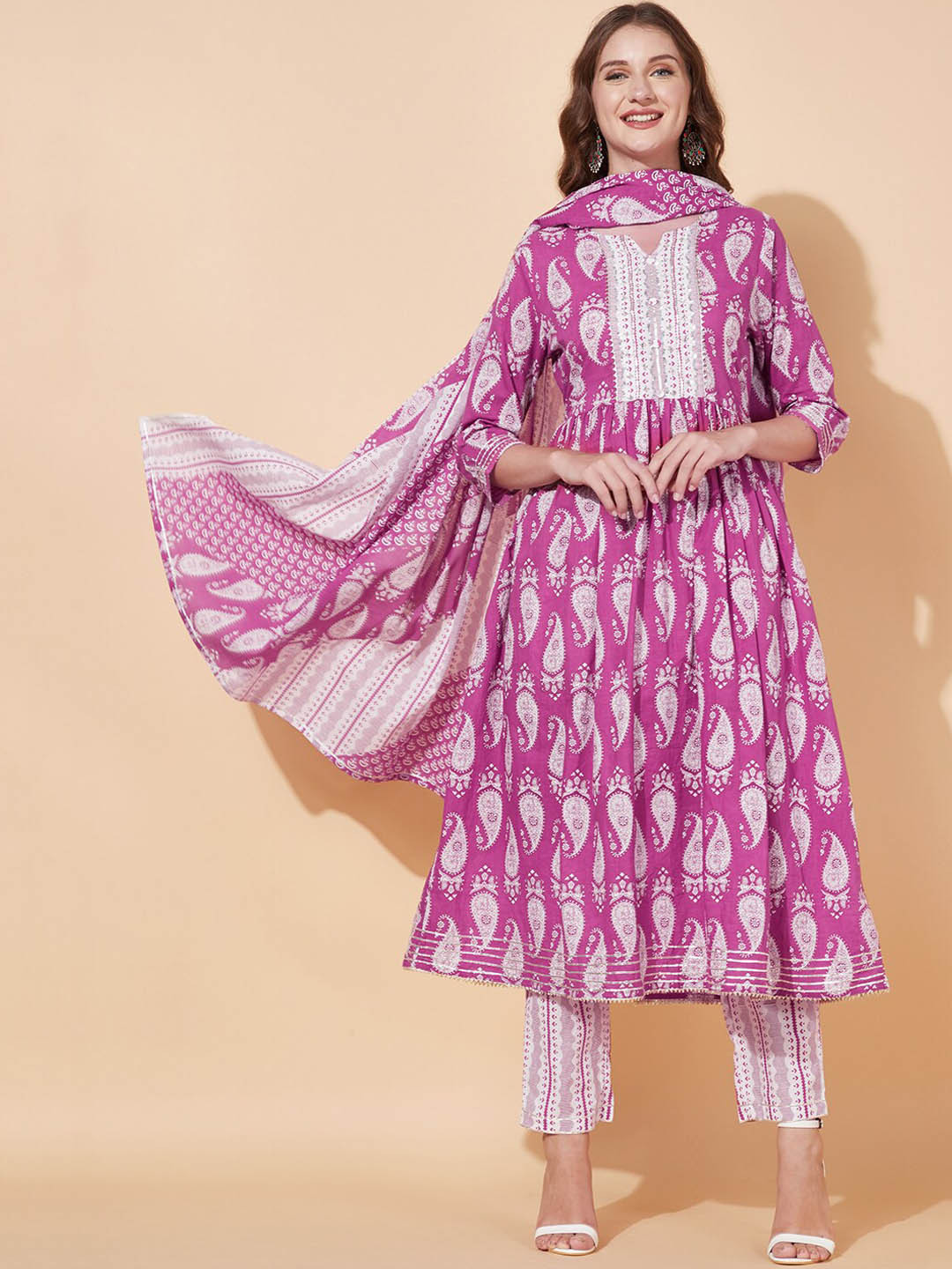 

FASHOR Women Ethnic Motifs Printed Pleated Pure Cotton Kurta with Trousers & With Dupatta, Purple