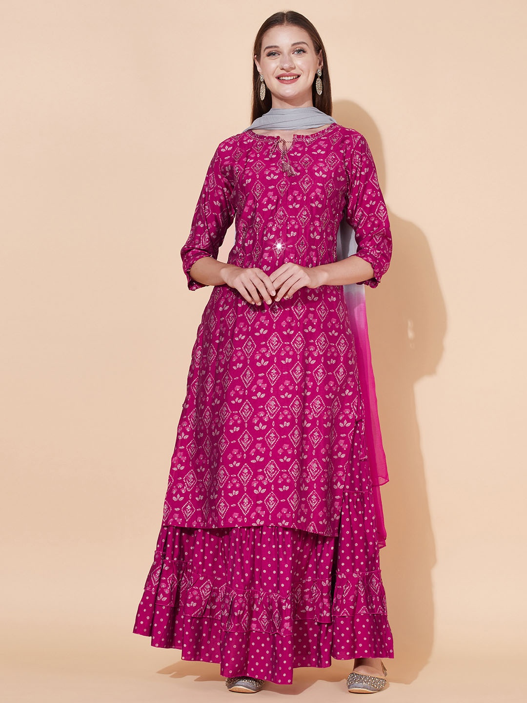 

FASHOR Women Magenta Ethnic Motifs Printed Sequinned Kurta with Skirt & With Dupatta