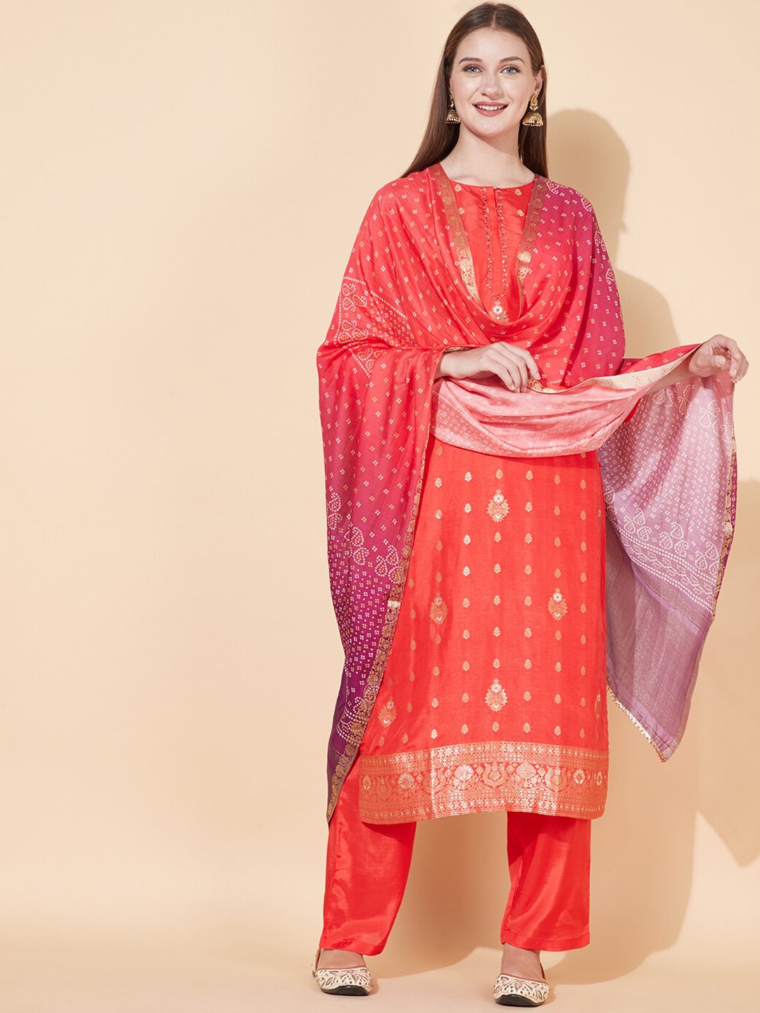 

FASHOR Women Ethnic Motifs Embroidered Kurta with Trousers & With Dupatta, Red