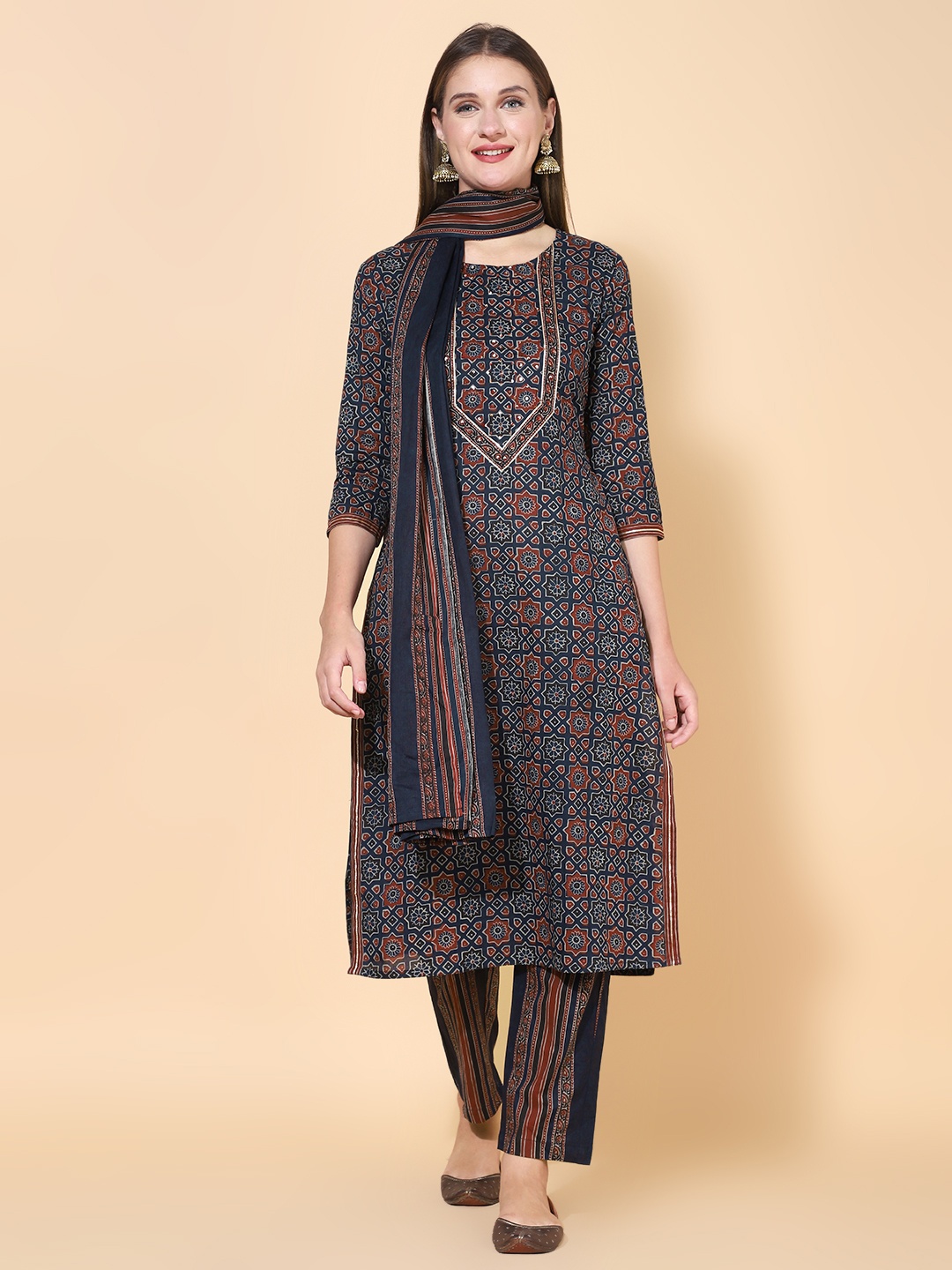 

FASHOR Women Navy Blue Printed & Sequined Pure Cotton Kurta with Trouser & Dupatta