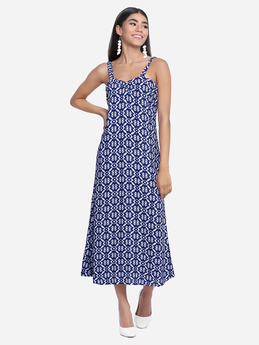 

SAKIA White & Blue Printed A-Line Midi Dress