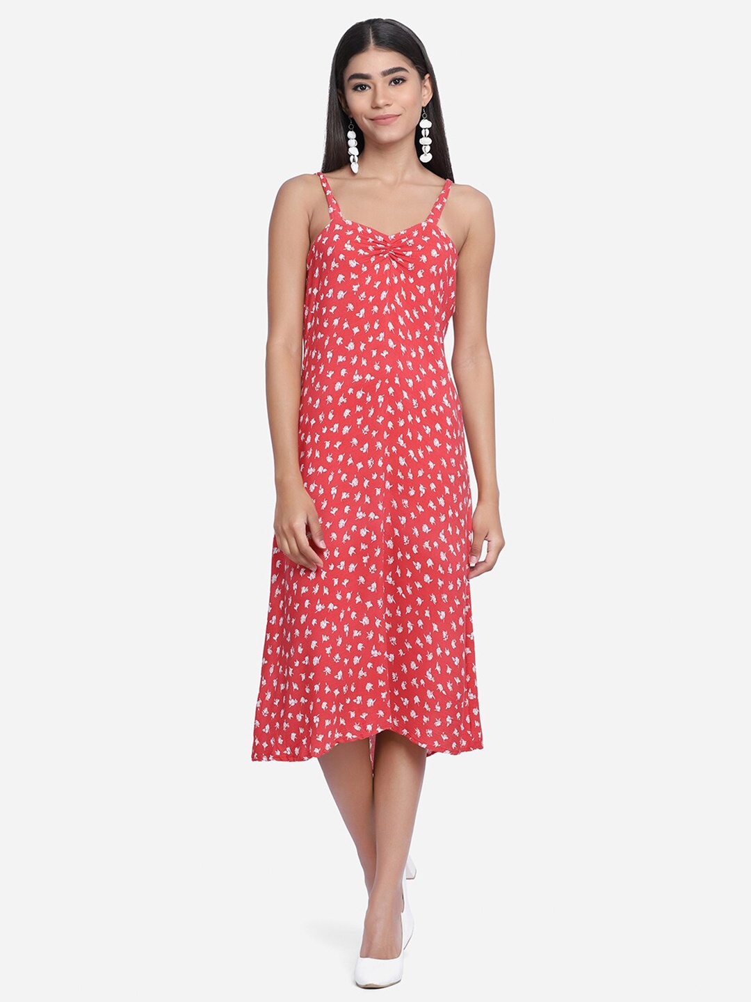 

SAKIA Women Coral & White Floral Printed A-Line Midi Dress
