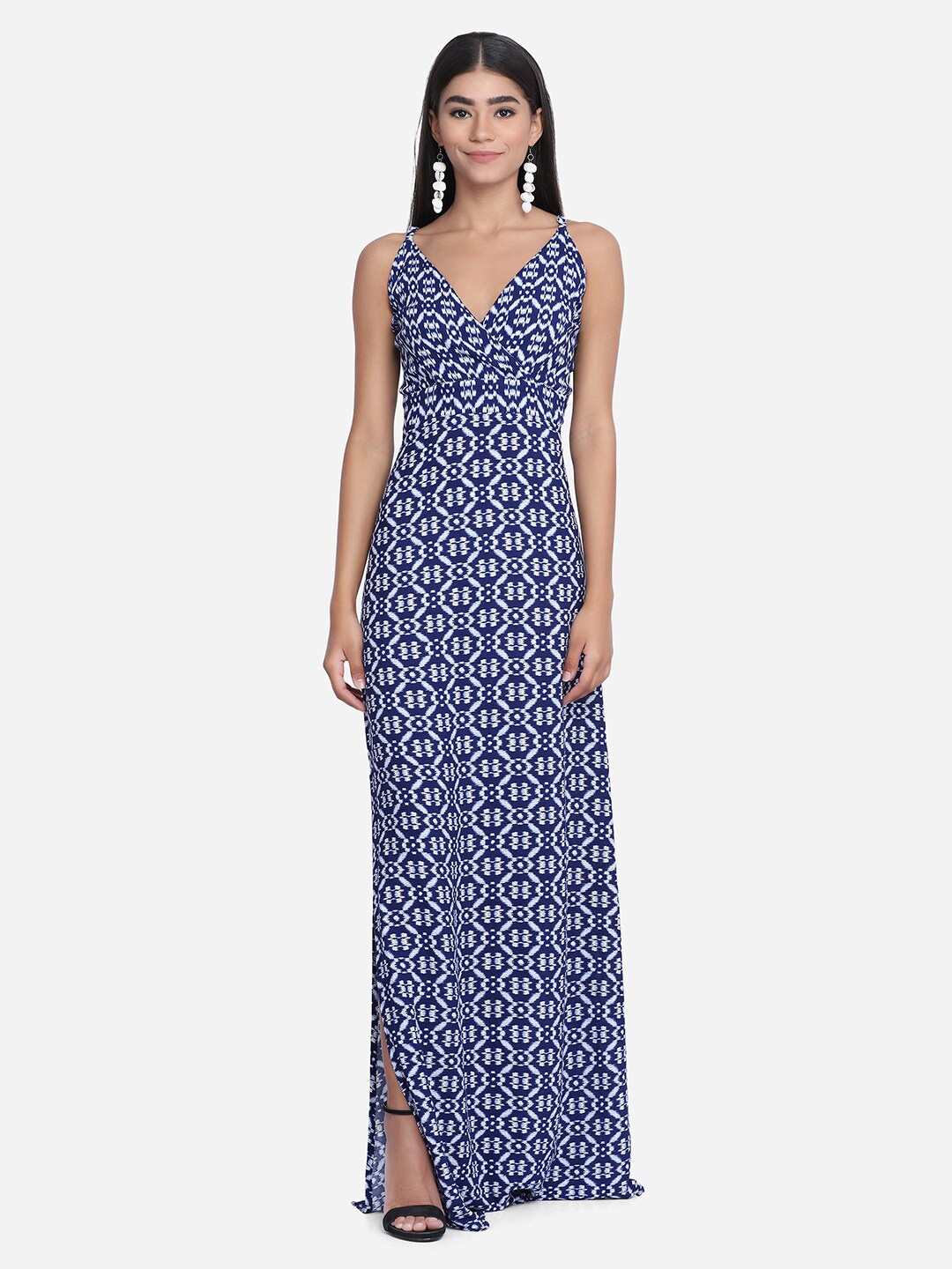 

SAKIA Women Blue & White Printed Maxi Length A-Line Dress