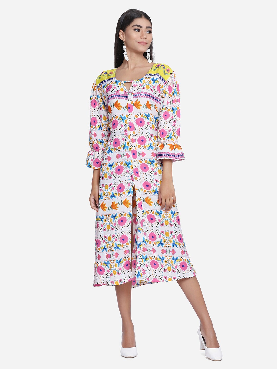 

SAKIA Women White & Pink Floral Printed Front Slit A-Line Midi Dress