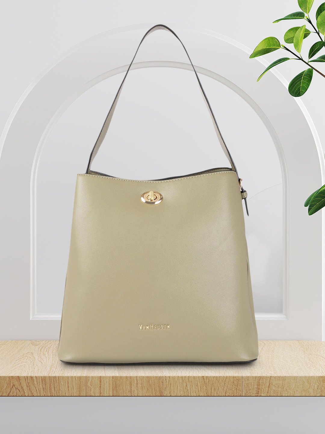 

Van Heusen Olive Green Solid Structured Shoulder Bag