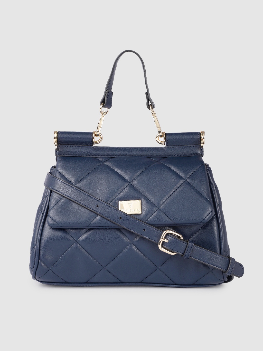 

Van Heusen Navy Blue Solid Structured Satchel with Quilted