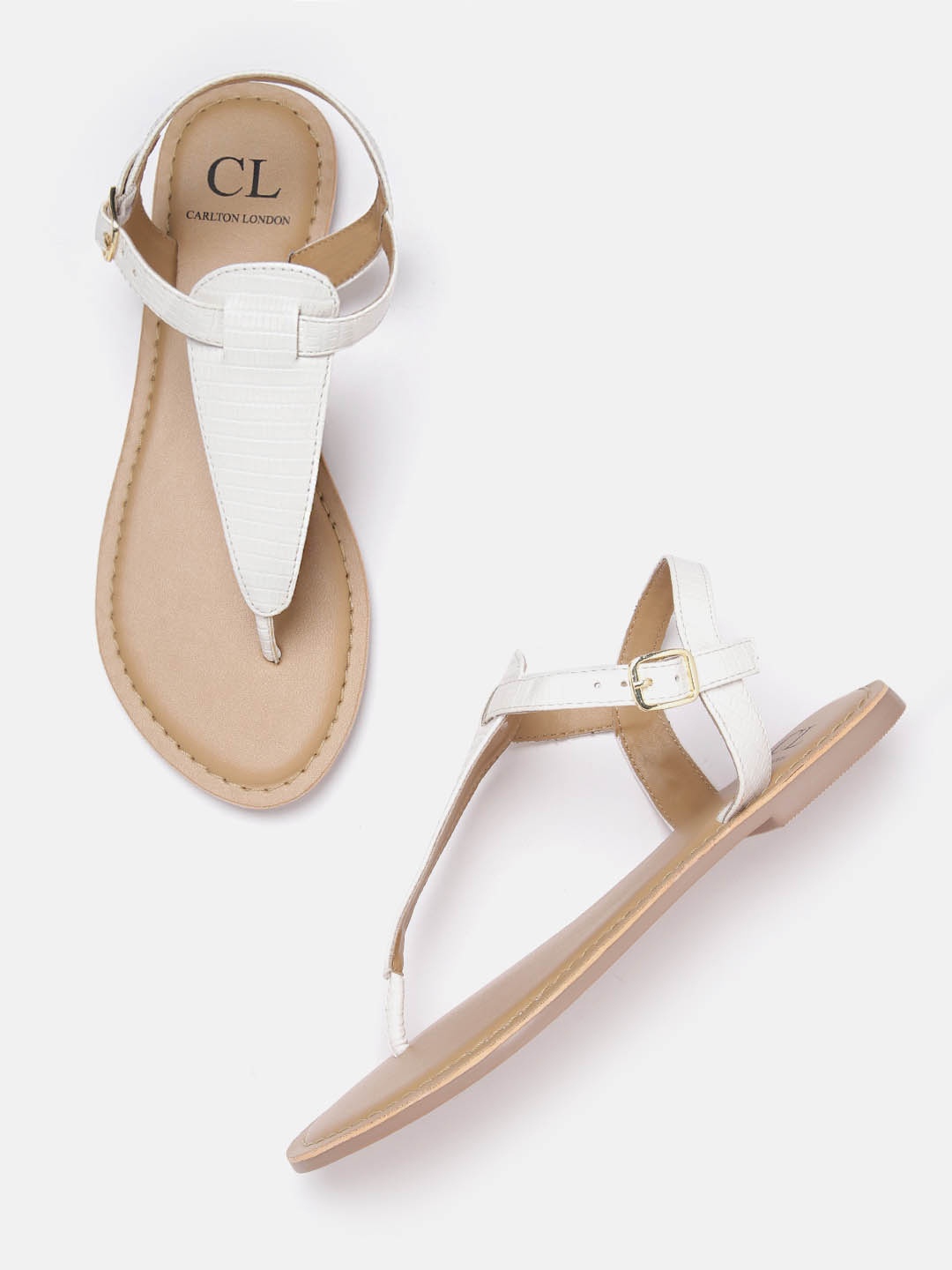 

Carlton London Women White Snakeksin Textured T-Strap Flats