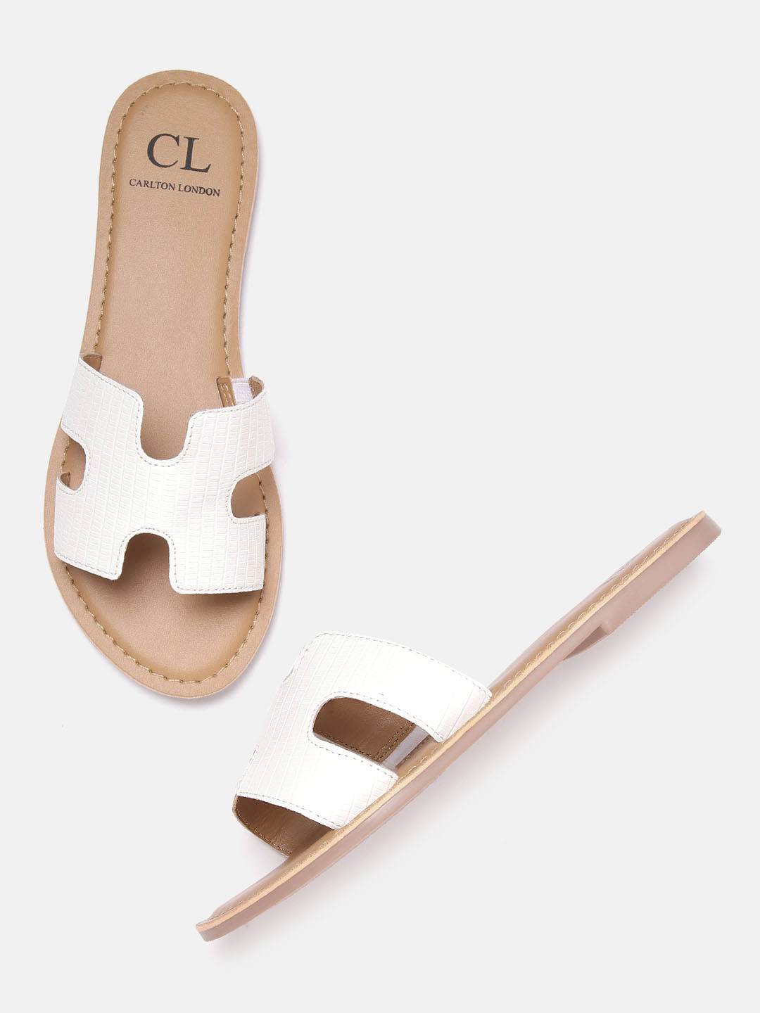 

Carlton London Women White Snakeskin Textured Open Toe Flats with Cut-Out