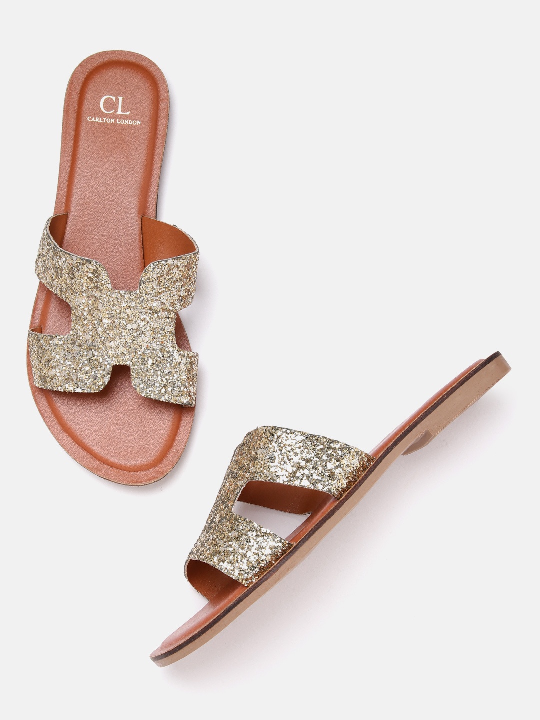 

Carlton London Women Gold-Toned Shimmer Open Toe Flats with Cut-Outs