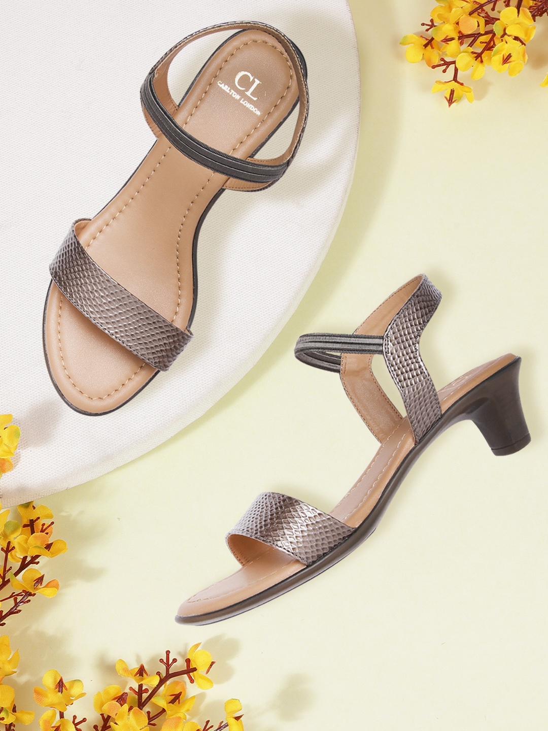 

Carlton London Bronze-Toned Snakeskin Textured Block Heels, Brown