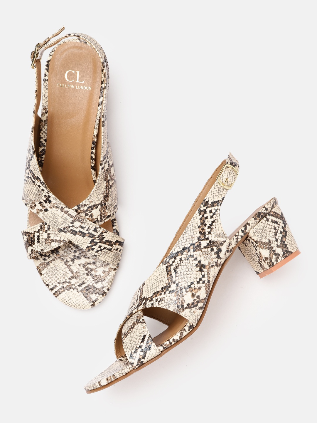 

Carlton London Women Cream-Coloured & Brown Snakeskin Print Block Heels